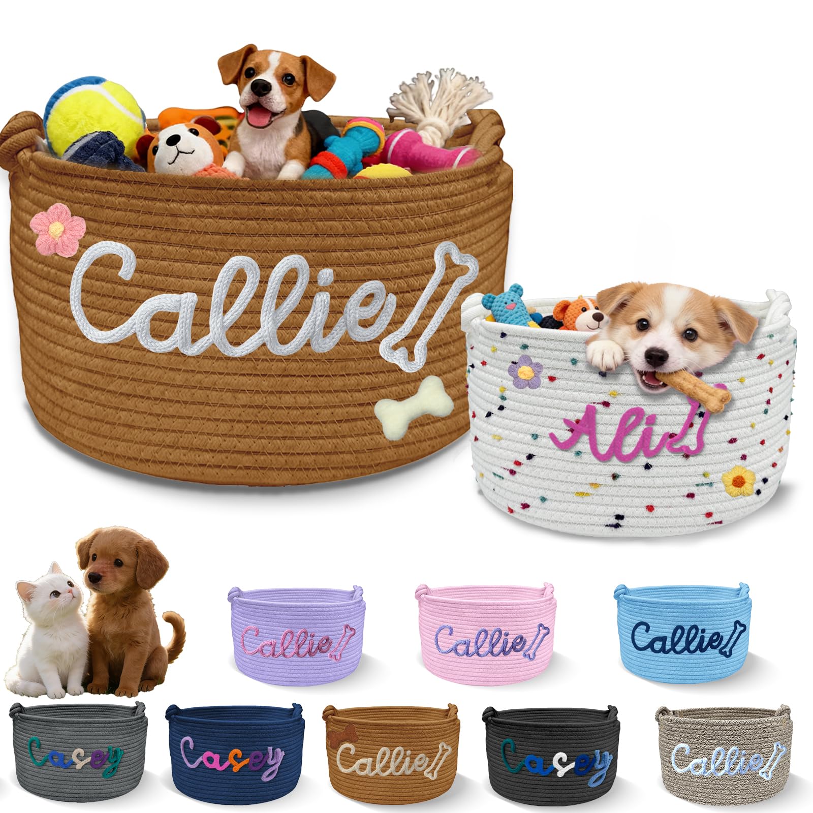 Sastridft Personalised Dog Toy Basket with Embroidery Name Custom Cotton Rope Pet Storage Bin for Toys Treats Large Capacity Storage Bin with Handle Home Organizer & Pet Gift