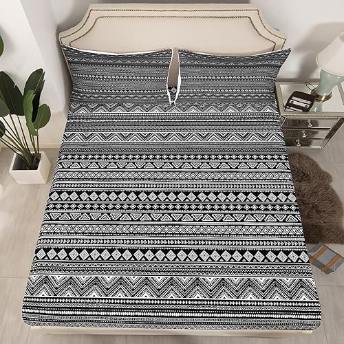 Sábana bajera bohemia a rayas aztecas para niños, adultos, jóvenes, juegos de ropa de cama con geometría triangular, estilo bohemio, decoración de