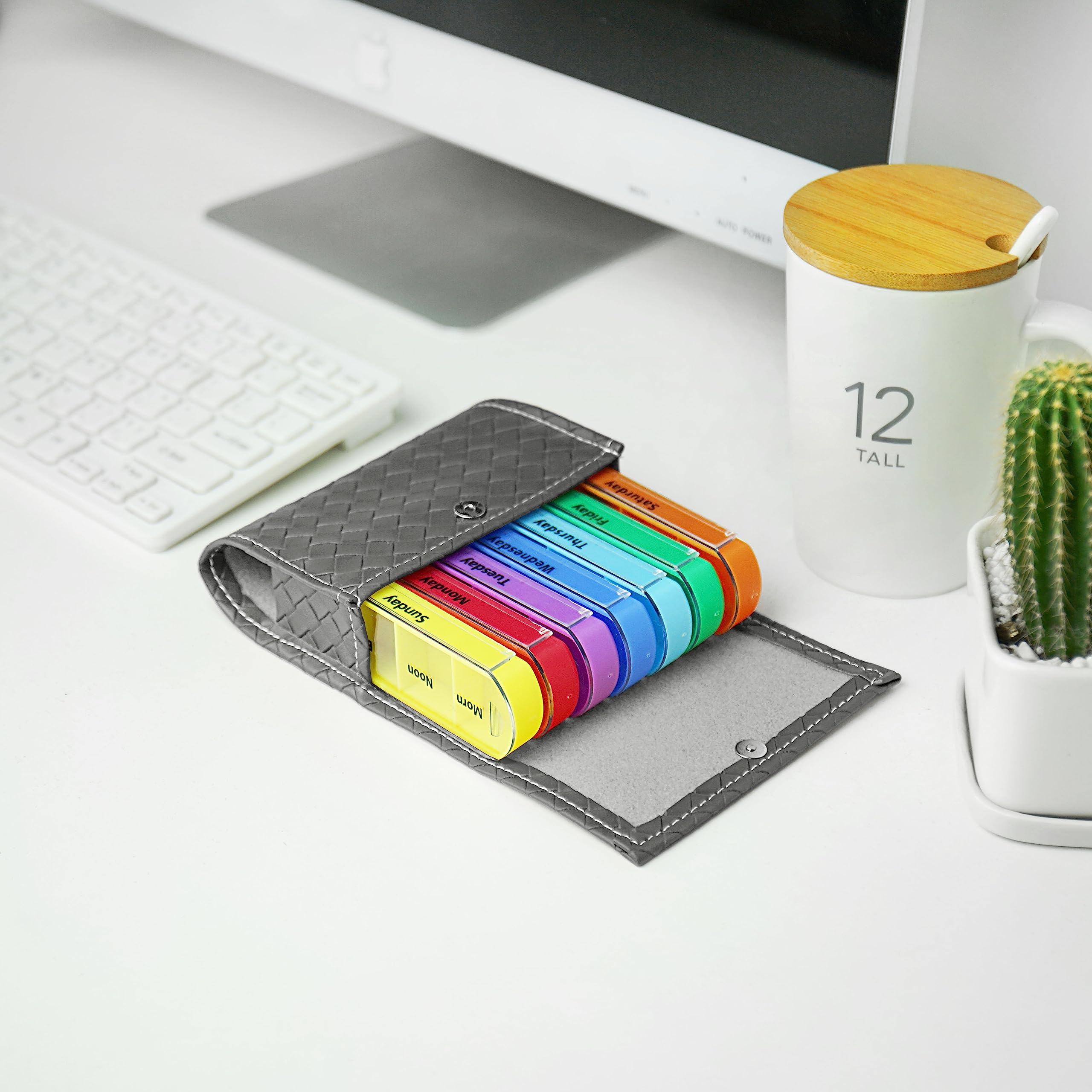 Pill Organizer, Weekly Travel Pill Case Box Medication Reminder Daily AM PM, Day Night 7 Compartments,for 4 Times A Day, 7 Days a Week-Includes Leather PU Carrying Case(1-Weave Grey)