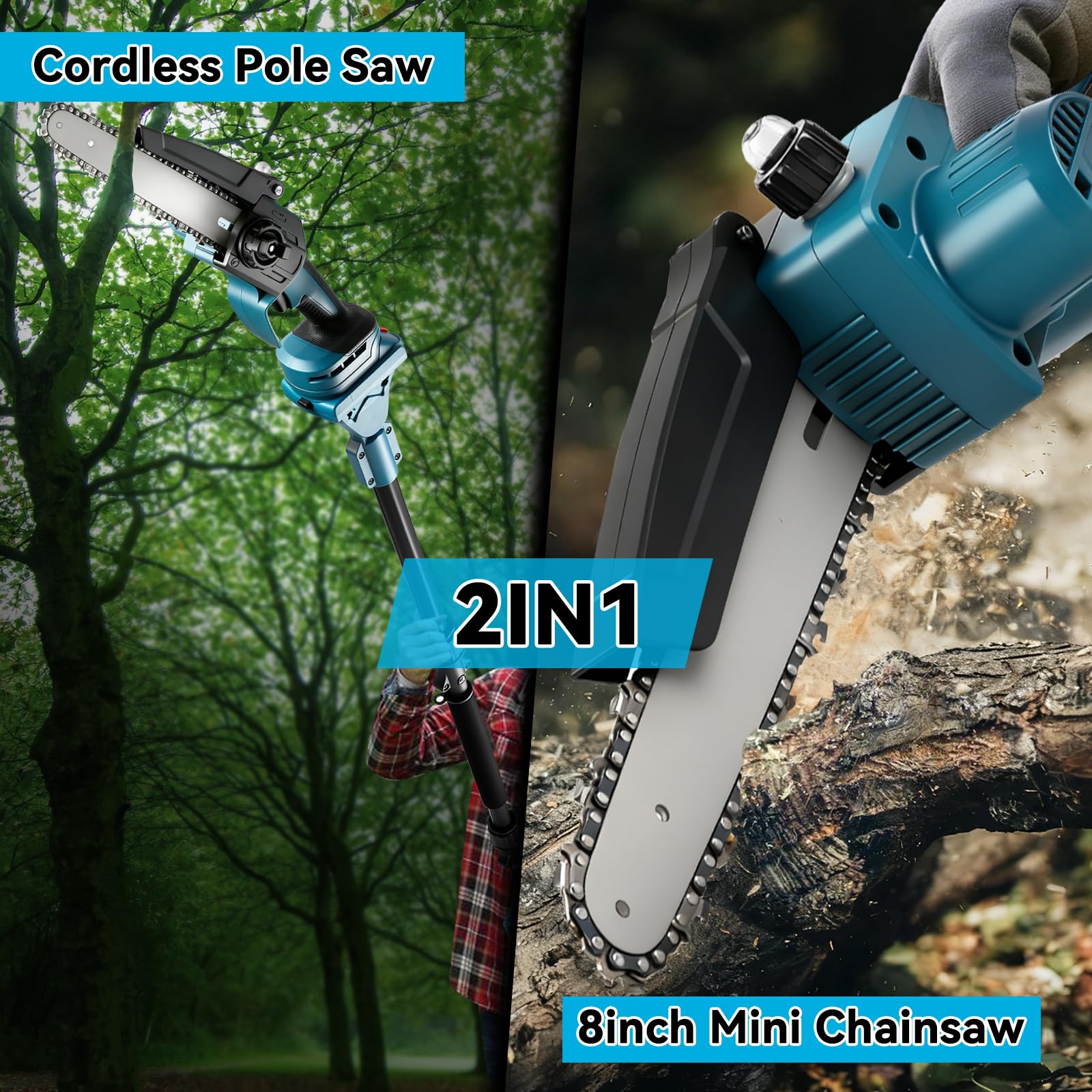 2 en 1 Mini Motosierra de 8 Pulgadas con Mástil Telescópico Compatible con Batería Makita, Motosierra con Alcance Máximo de 15 Pies para Poda de Ramas de Árboles, Corte de Madera (sin Batería)