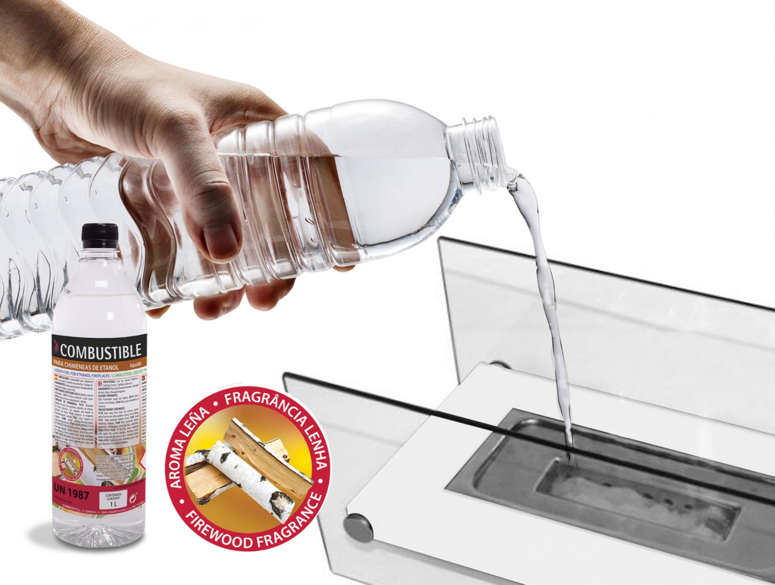 PUR LINE | Combustible etanol vegetal aroma a madera biochimeneas, caja 12 botellas 1L - Combustible Etanol Ecológico, sin humo, elimina olores y recrea ambiente chimenea leña