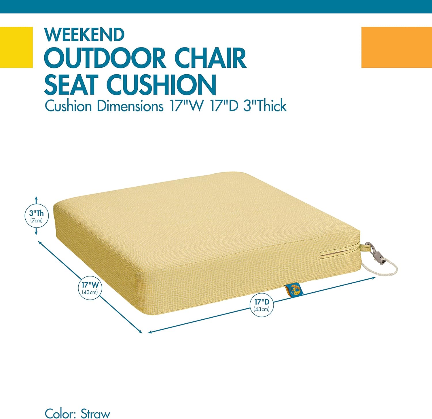 DUCKCOVERS® Weekend Water-Resistant Outdoor Dining Seat Cushion, 17 x 17 x 3 Inch, Straw, Dining Chair Cushions