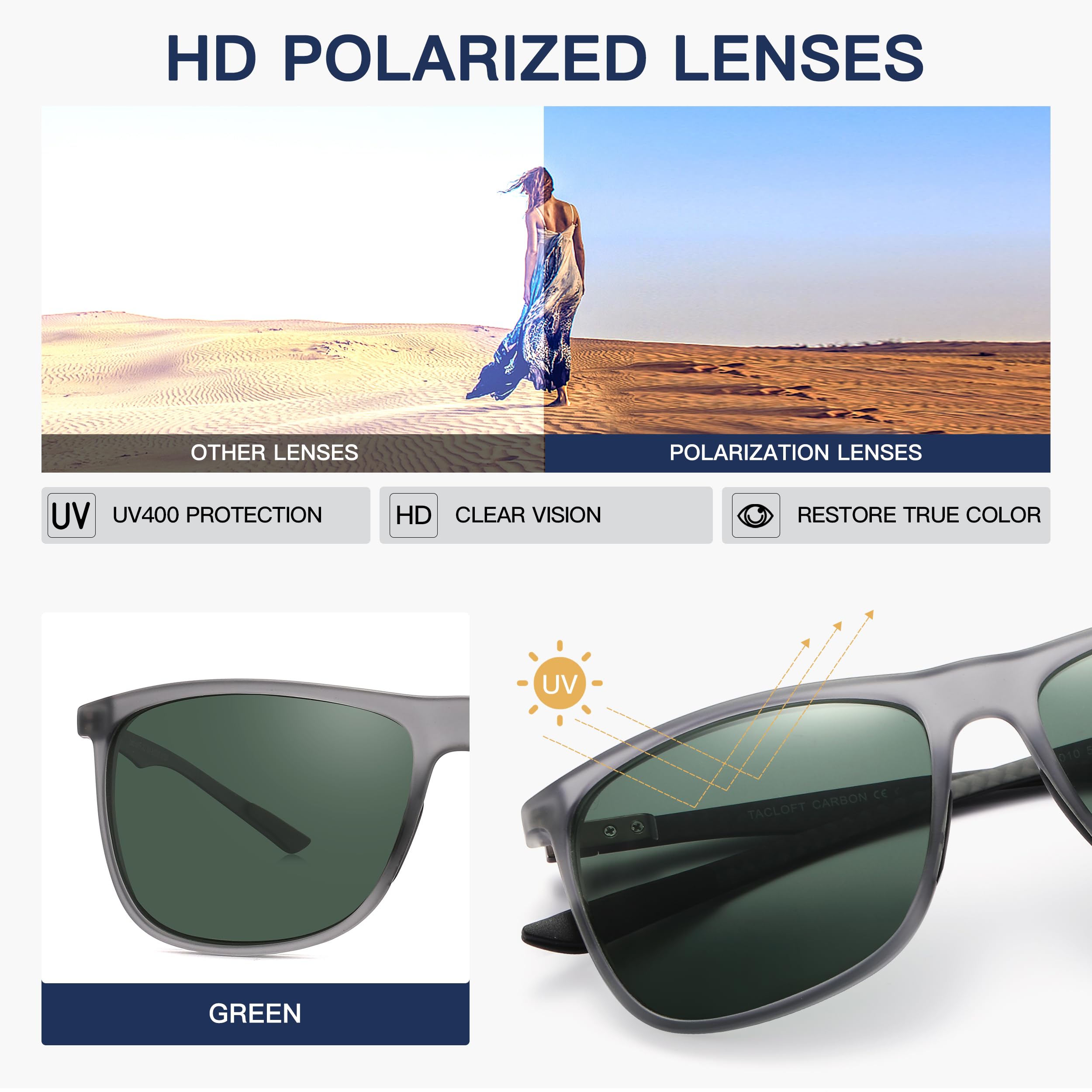 Occhiali da sole polarizzati quadrati in fibra di carbonio ultraleggeri per gli uomini alla moda guida pesca golf sport ombra