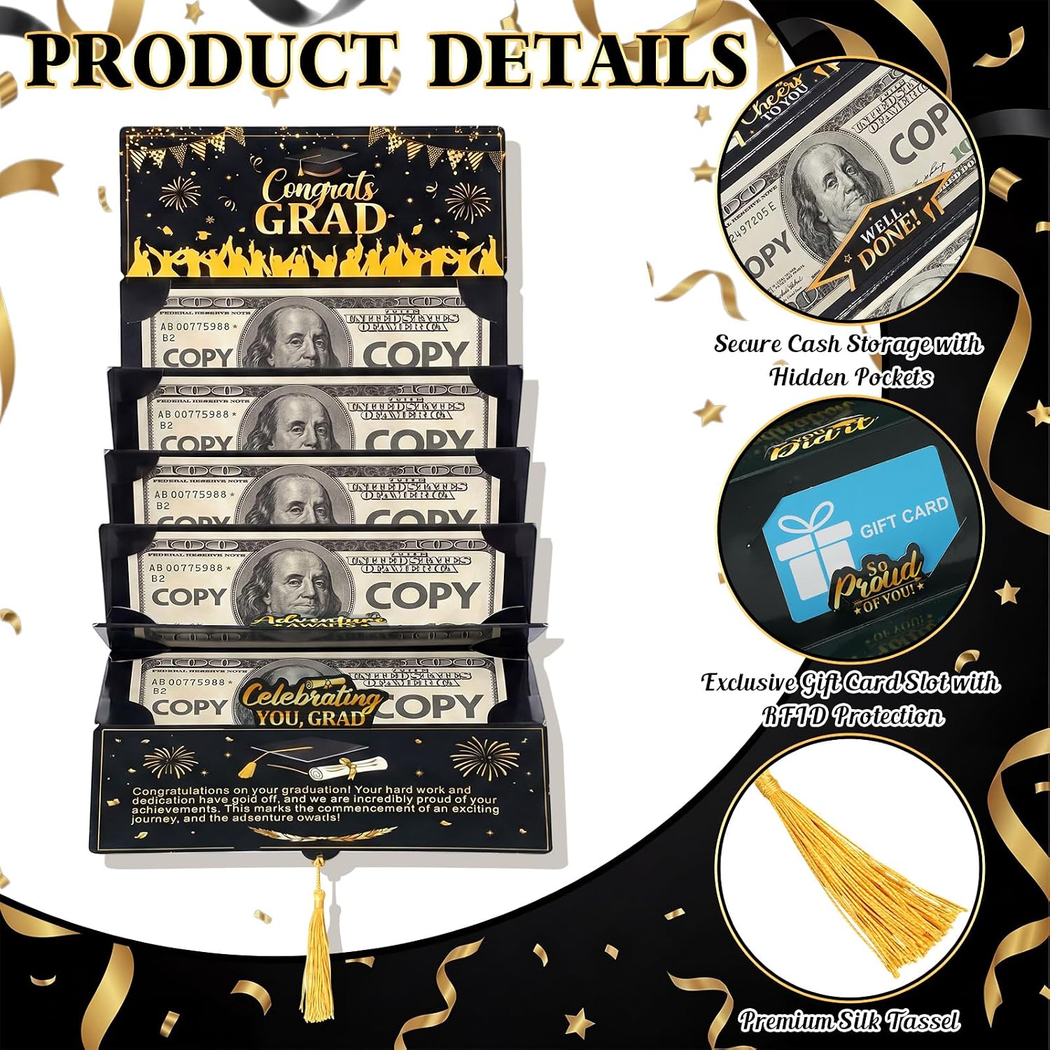 Pasimy 2026 Graduation Card Money Holder with Envelope for Cash Gifts - Graduation Party Cash Cards for Class of 2026 College High School Grad Party Supplies Men Women Gift(Black Gold,2 Pcs) image 3