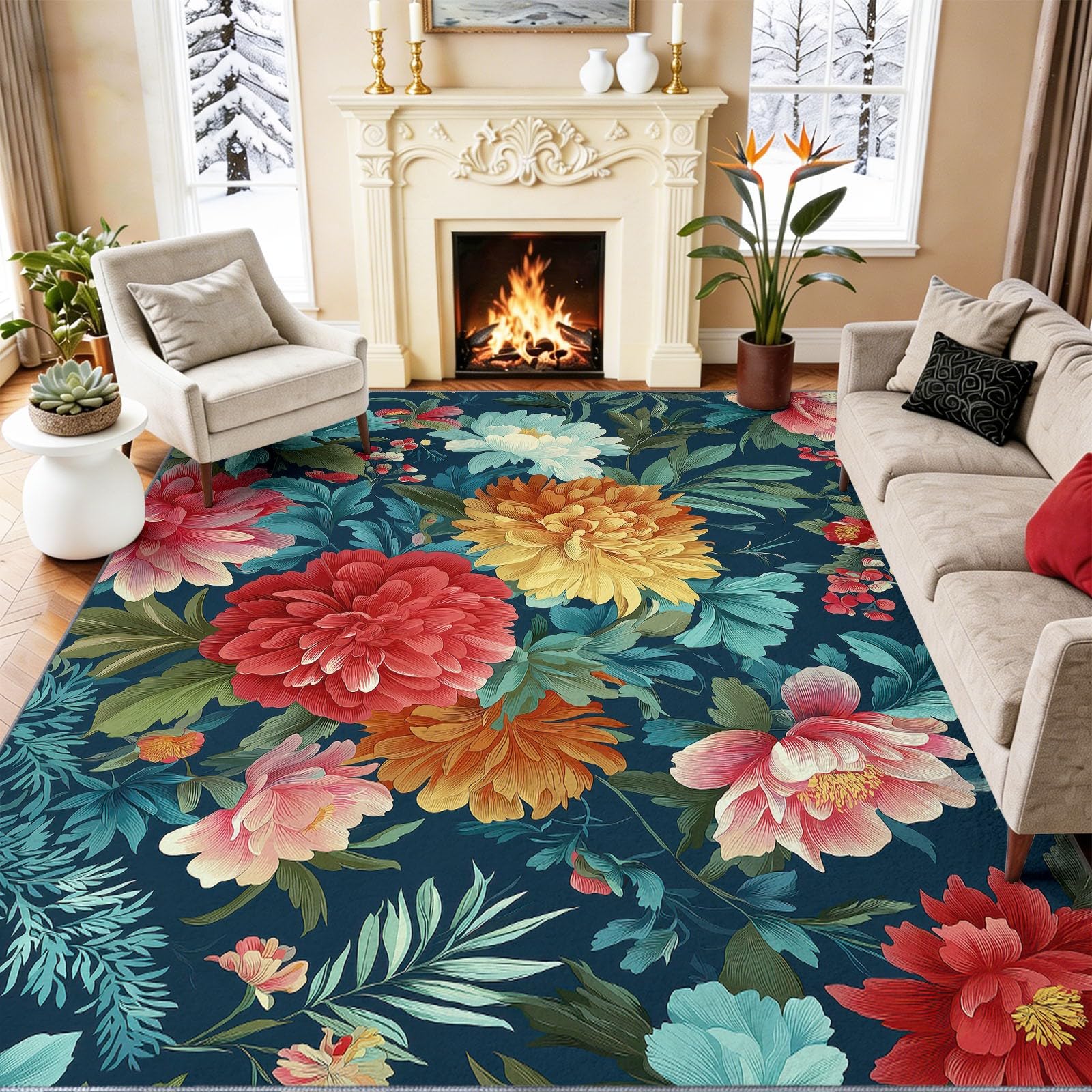 Tapis de salon lavable bleu 100x150 pivoine rétro faible poil