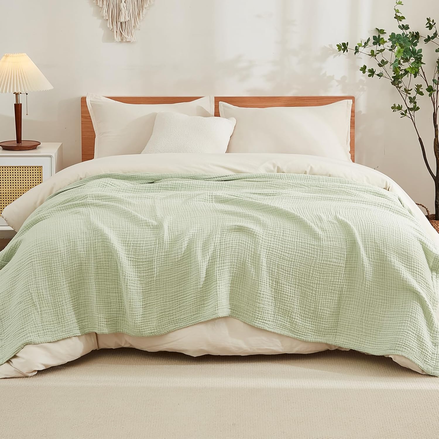 EMME Cotton Blanket Queen Size for Bed Soft Large Muslin Bed Blankets 90"x90" Lightweight Breathable All Season Gauze Blanket, Mint Green - Image 2