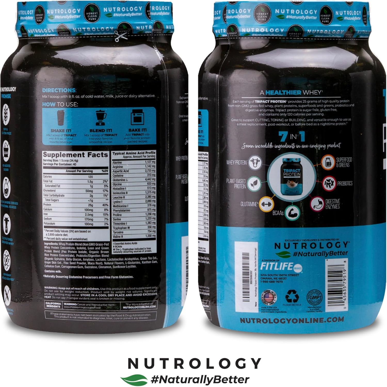 Nutrology TRIPACT Protein Powder - 7-in-1 Meal Replacement Shake with Grass Fed Whey Protein Powder, Pea, Rice, Greens for Muscle Recovery & Immunity, Vanilla Latte & Cinnamon Flavor, 40 Servings