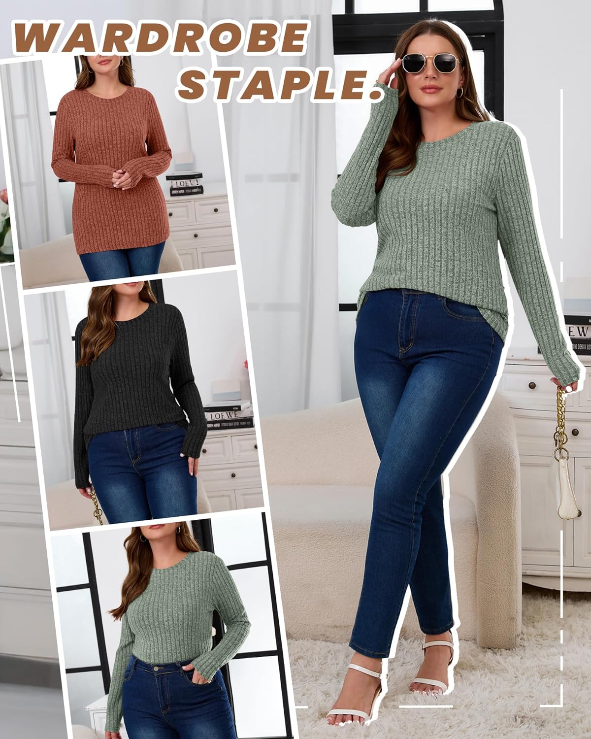 3 Pack Women's Plus Size Tunic Sweaters Ribbed Long Sleeve Slim Fit Shirts Crewneck Pullover Casual Tops - Image 3