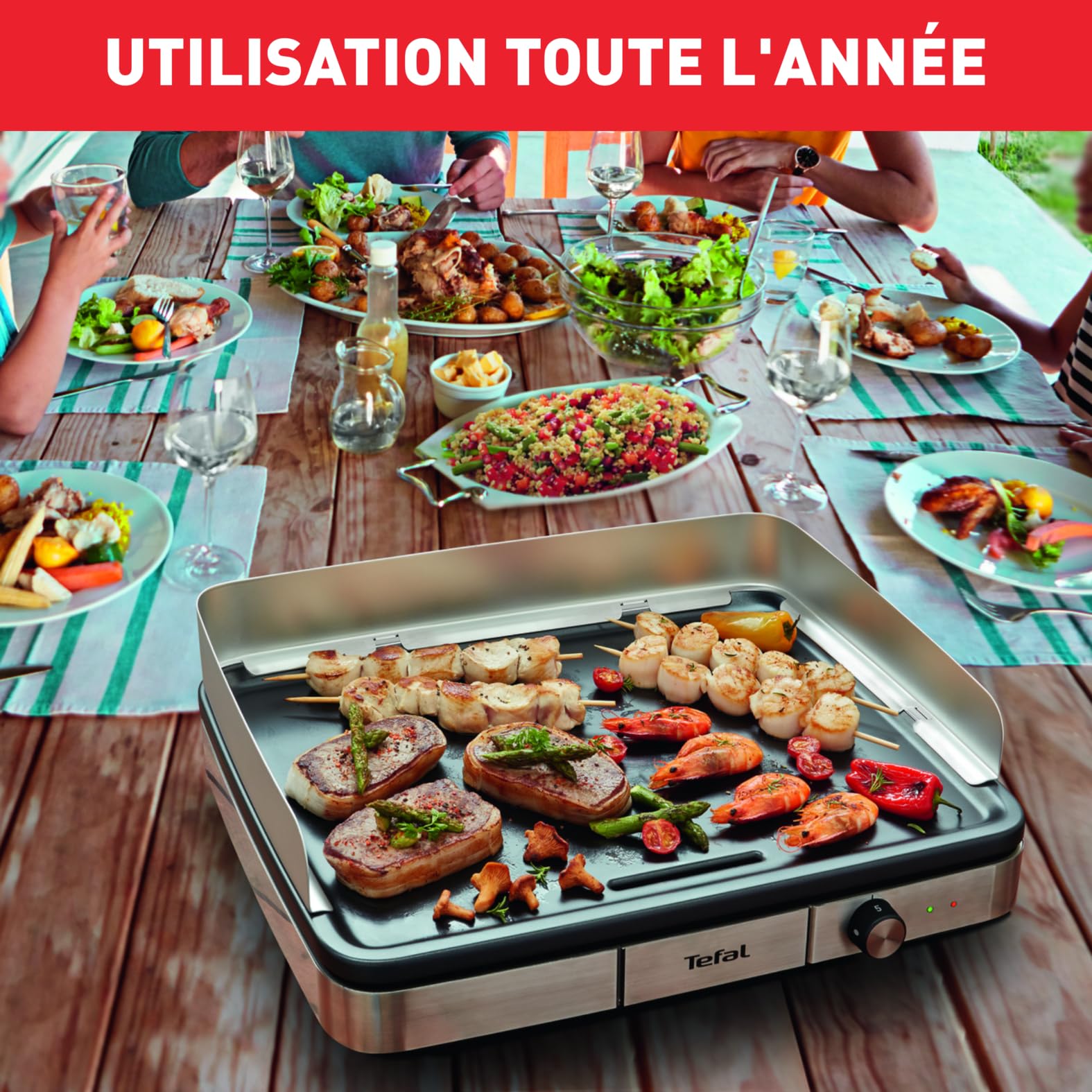Tefal Maxi Plancha électrique extérieur et intérieur format XXL10/12 Personnes avec protection contre les éclaboussures et Thermostat réglable Inox CB690D12