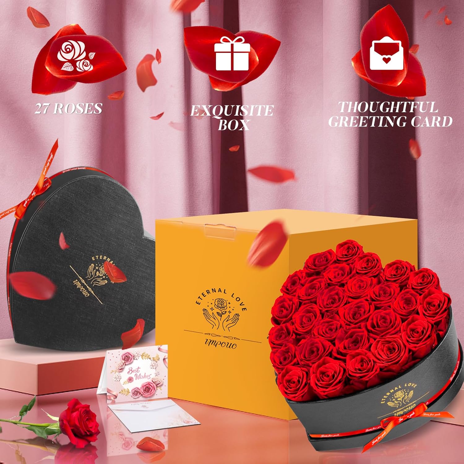 Impouo Preserved Rose in Heart Shape Box, 27 Forever Flowers, Eternal Roses, Birthday Gifts for Women, Wife, Her, Mother's Day -Red