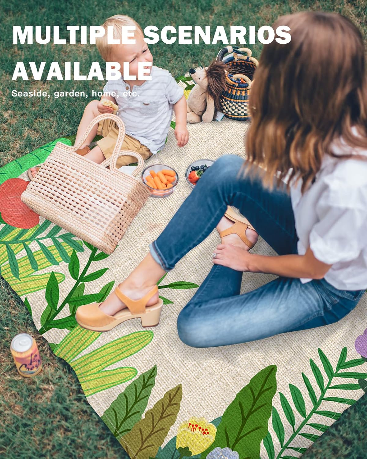 Beach Blanket, Tropical Green Plant Leaf Welcome Text Sandproof Beach Mat 108"x84" Outdoor Picnic Blankets Retro Linen Buralp Portable Picnic Mats for Vacation, Travel, Camping, Hiking