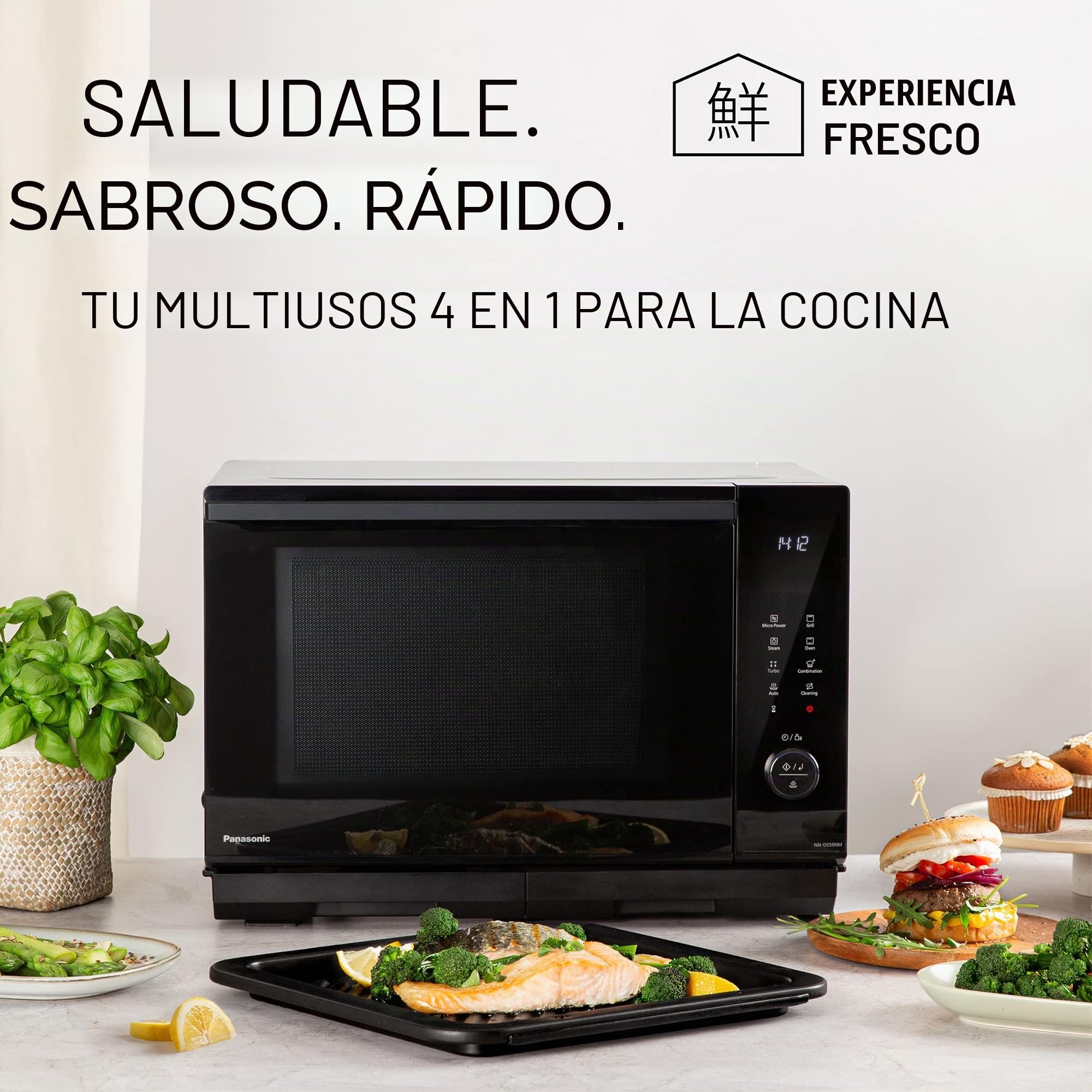 Panasonic NN-DS59NMETG Microondas Combi 4 en 1, Horno Grill, Superficie Plana, 27 Litros, 1000 W, Cocción En Dos Niveles, Sensor Genius, 32 Programas, Bandeja Para Grill, Limpieza Fácil, Negro
