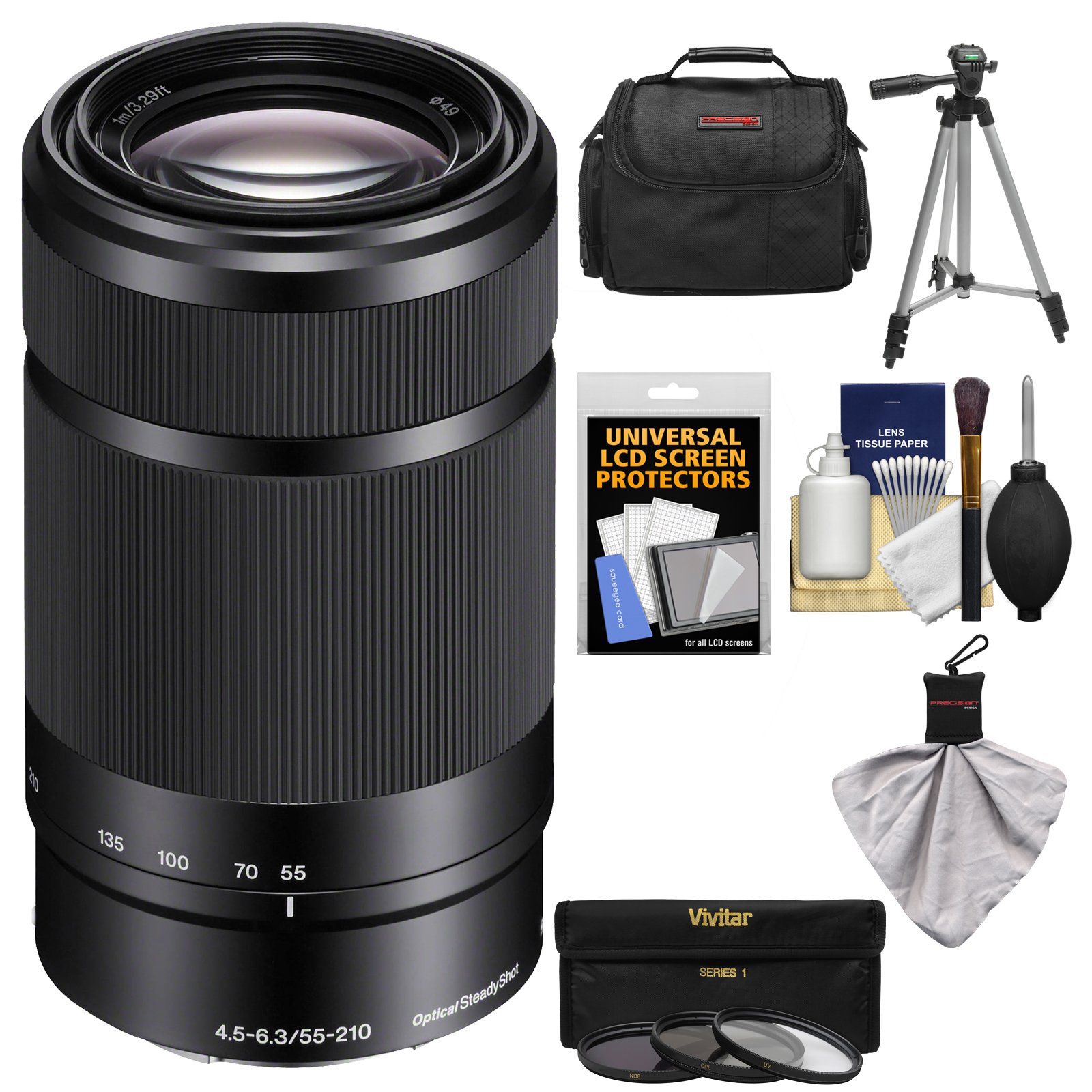 Sony Alpha E-Mount 55-210mm f/4.5-6.3 OSS Zoom Lens (Black) with 3 Filters + Case + Tripod Kit for A