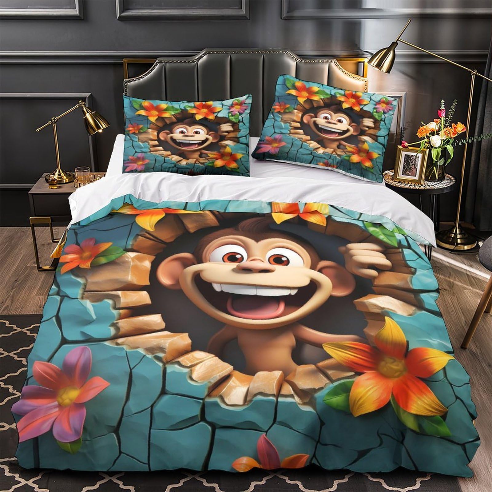 Housse de couette singe 3D microfibre 135x200 parure lit ado