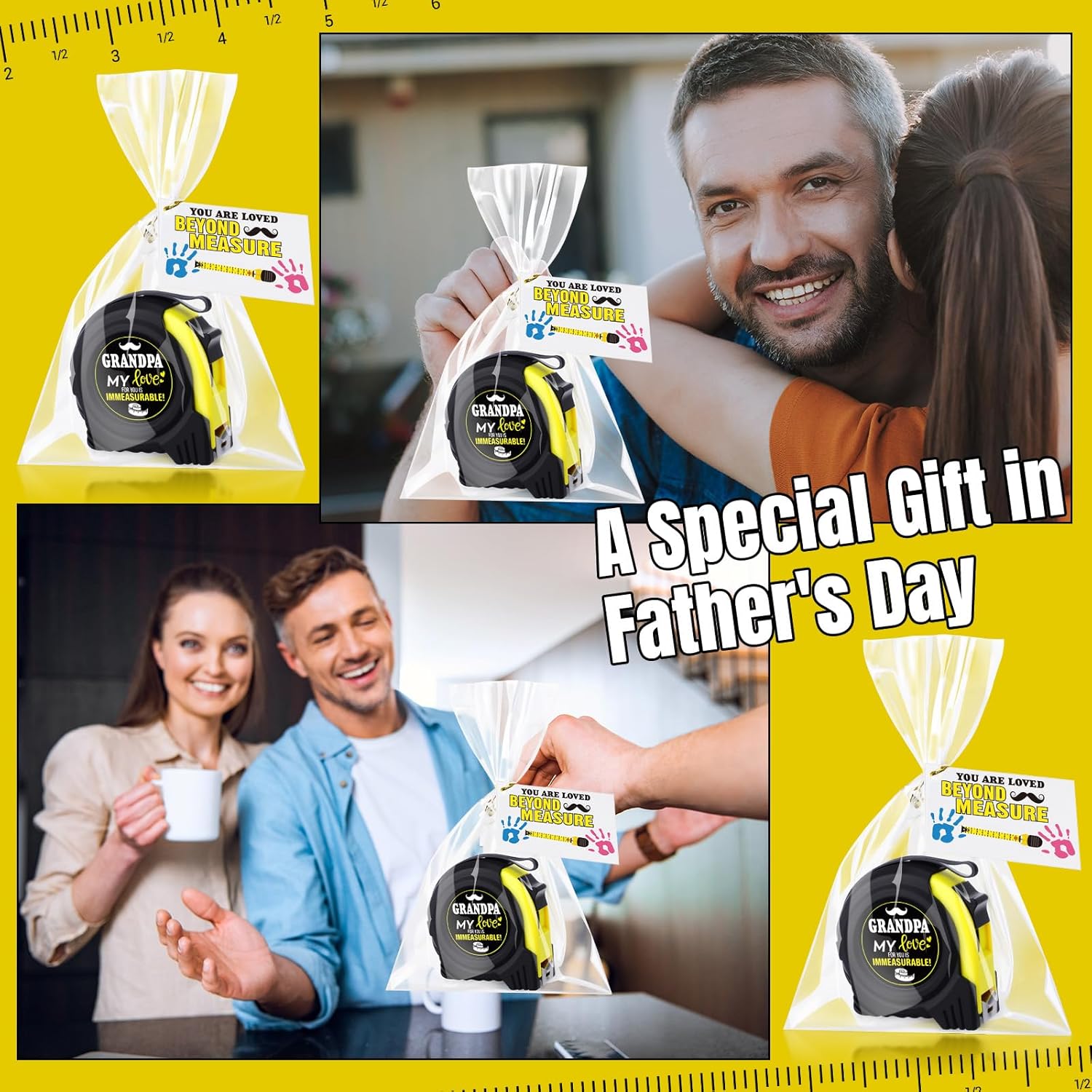 Blosssound 8 Set Fathers Day Dad Gifts Bulk Tape Measures Gifts with Cards Clear Plastic Bags My Love for You is Immeasurable Tool Presents for Fathers Day Party Favors Supplies(Grandpa)
