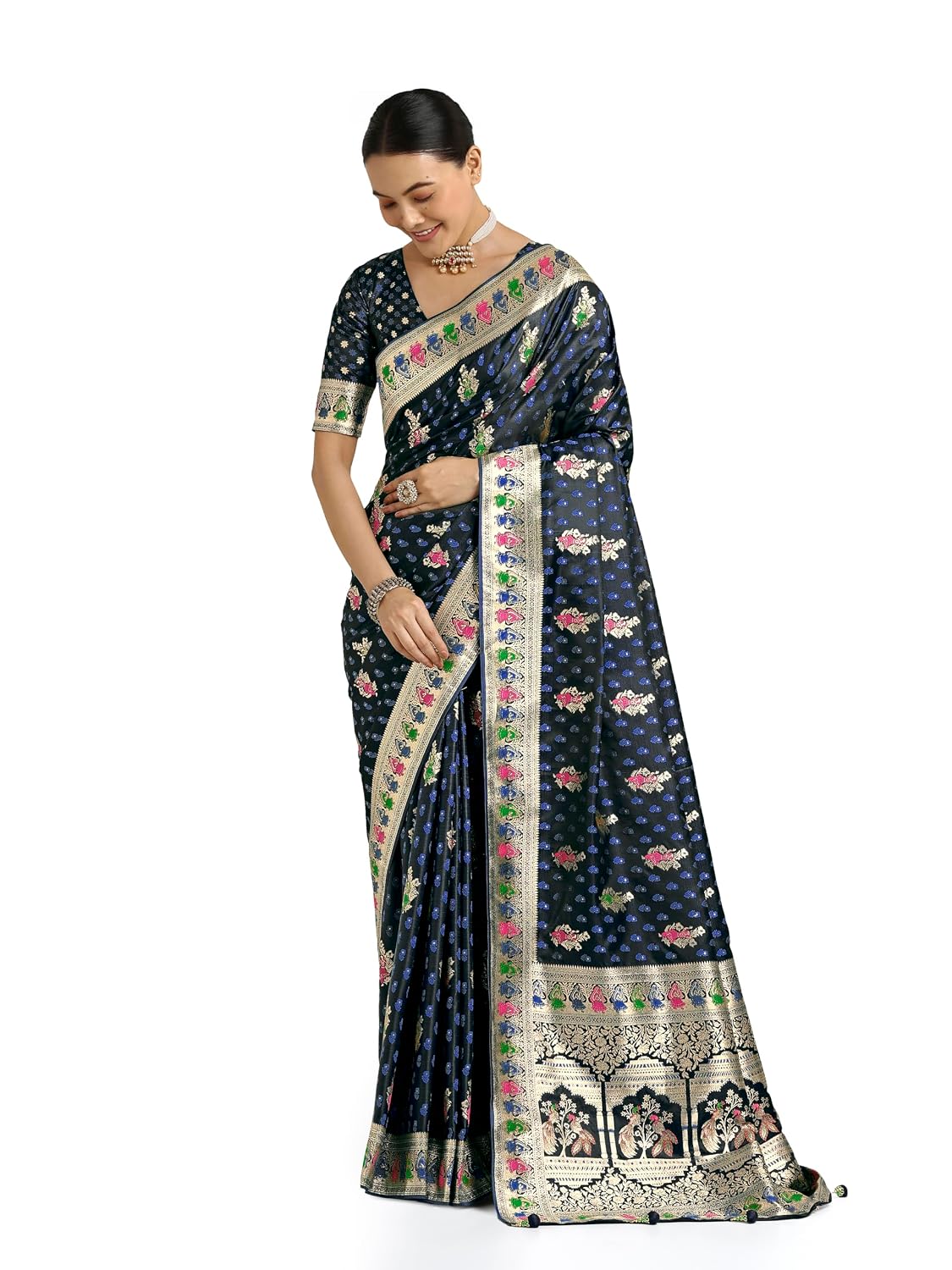 Monjolika Fashion Women's Evocative Gold Bordar Banarasi Zari Woven Work Satin Silk Saree With Admirable Blouse Piece (158... - Review, Price and Buying Guide