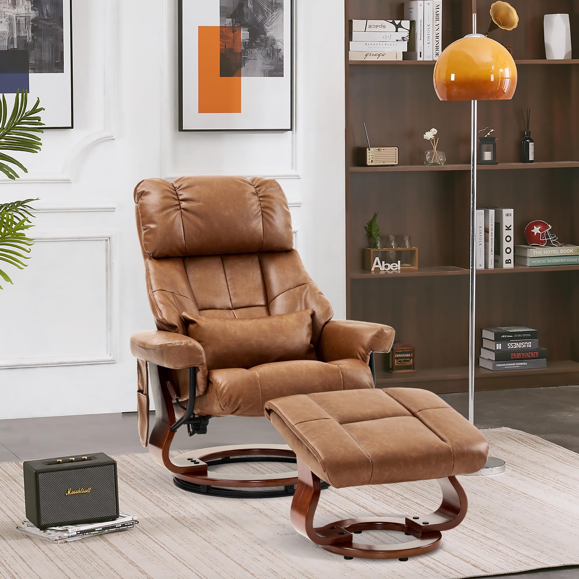 M MCombo Sillón de Relax con Taburete, Giratorio 360°, con función reclinable, soporta hasta 120 kg, sillón Moderno para el salón, 9066 (Piel sintética, marrón)