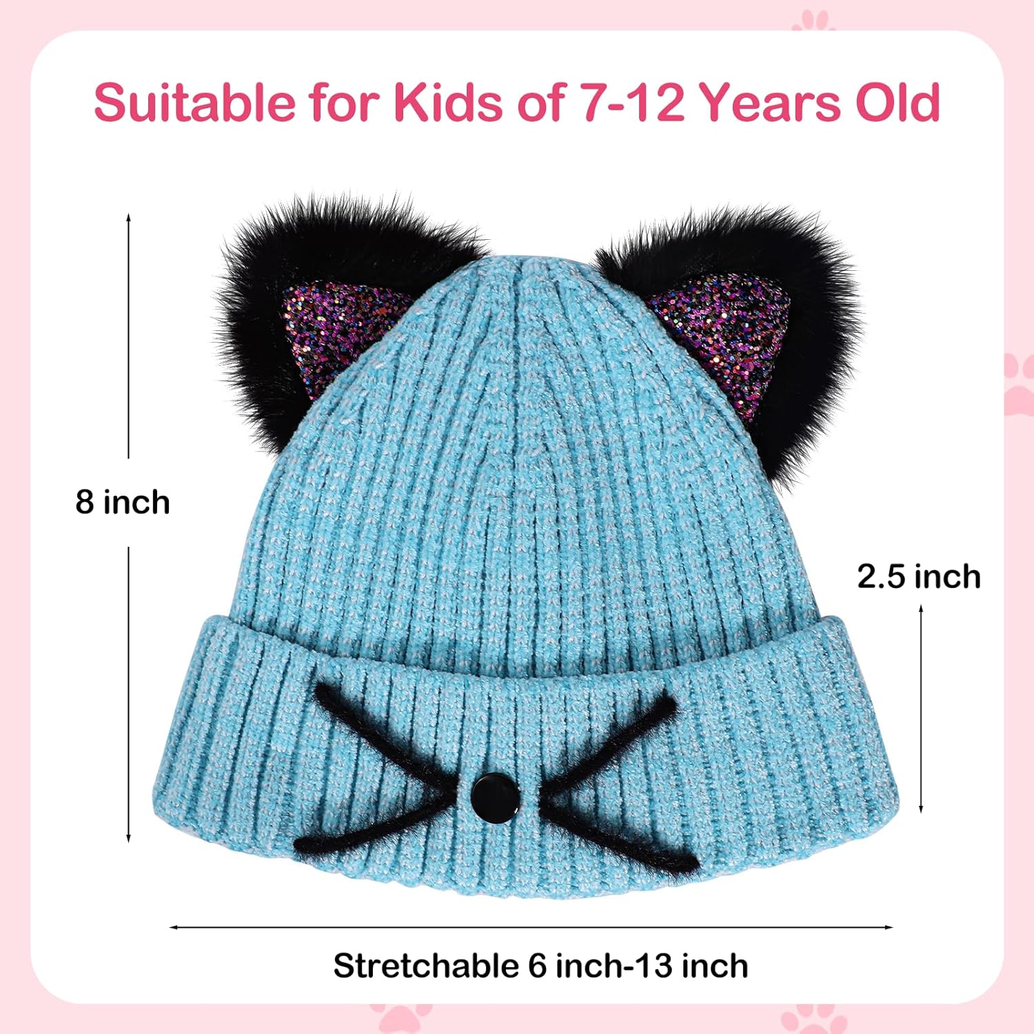 Kids Girls Sequin Cat Ears Hats Winter Knitted Beanie Hat for Outdoor Snow Ski Skull Cap Ages 7-12 - Image 3