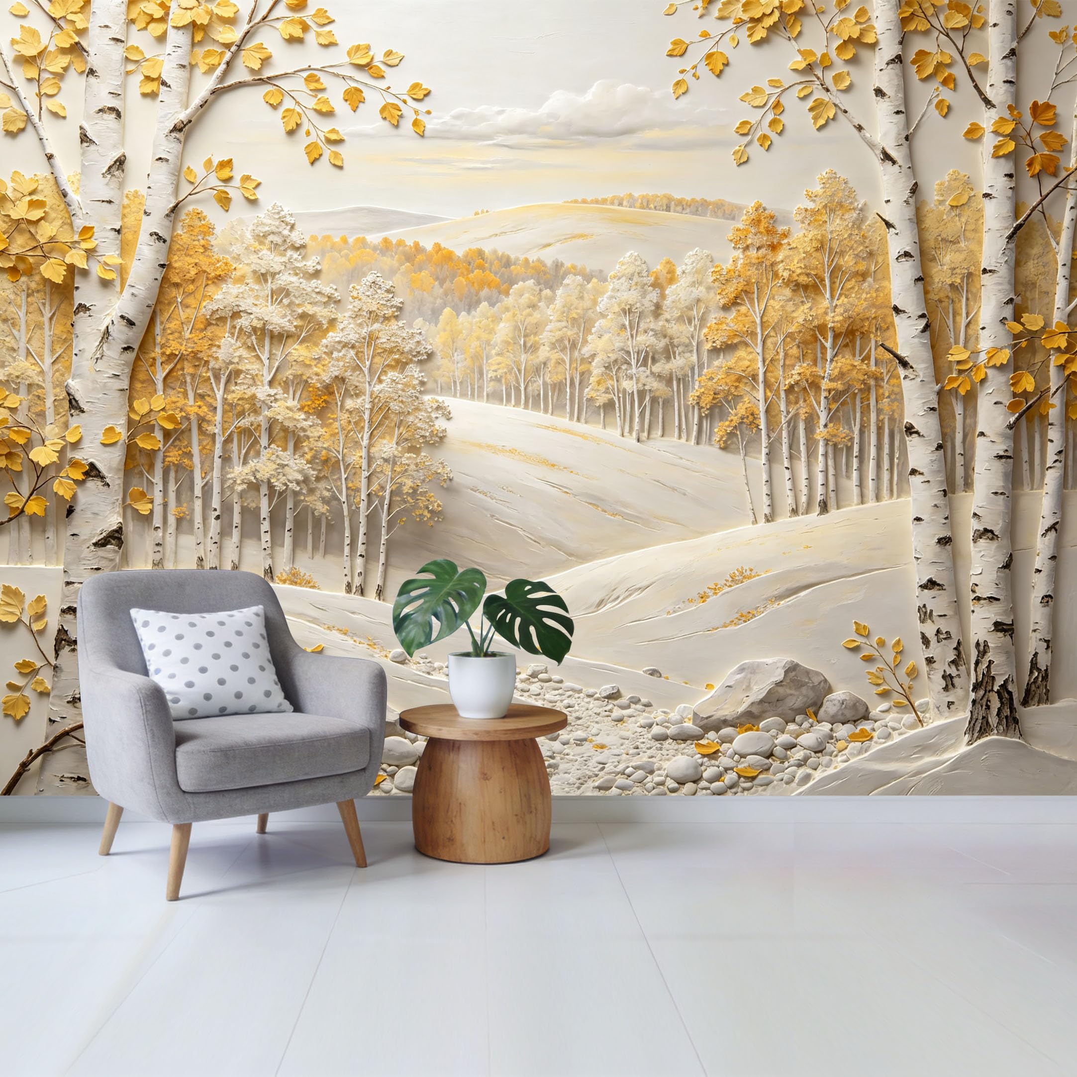 Qzlithotic Yq2605250835 Custom Size Wall Mural Golden Birch Forest Landscape 3D Relief Textured Art Selfadhesive Wall Fabric Removable Wallpaper For Home Office Decor