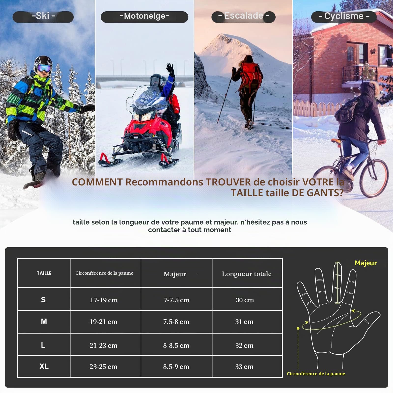 Vihir Gants de Ski d'hiver pour Homme et Femme, Gants Thermiques 3M Imperméables, Gants de Cyclisme Chauds, Vent Respirant Antidérapant Idéal pour Ski Snowboard Course Cyclisme