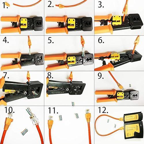 Miniatura 7 de Kit de herramientas de crimpado RJ45, kit de crimpadora Ethernet para Cat5 Cat5e Cat6, herramienta de crimpado RJ45 con 50 conectores, 50 cubiertas,