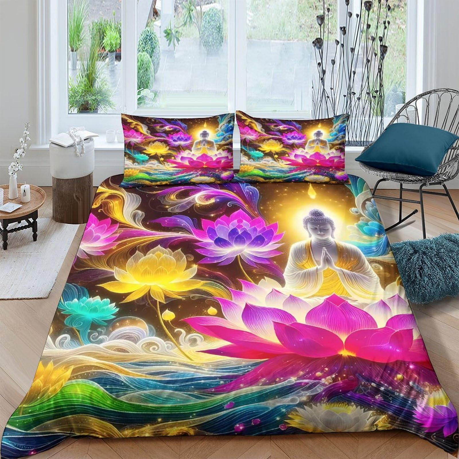 Ctjqhvkz Style-1 3D Printed Meditation Lotus Fitted Sheet Microfiber Vibrant Buddha Bed Cover For Bedroom Home Decor Gift Single（135X200cm）