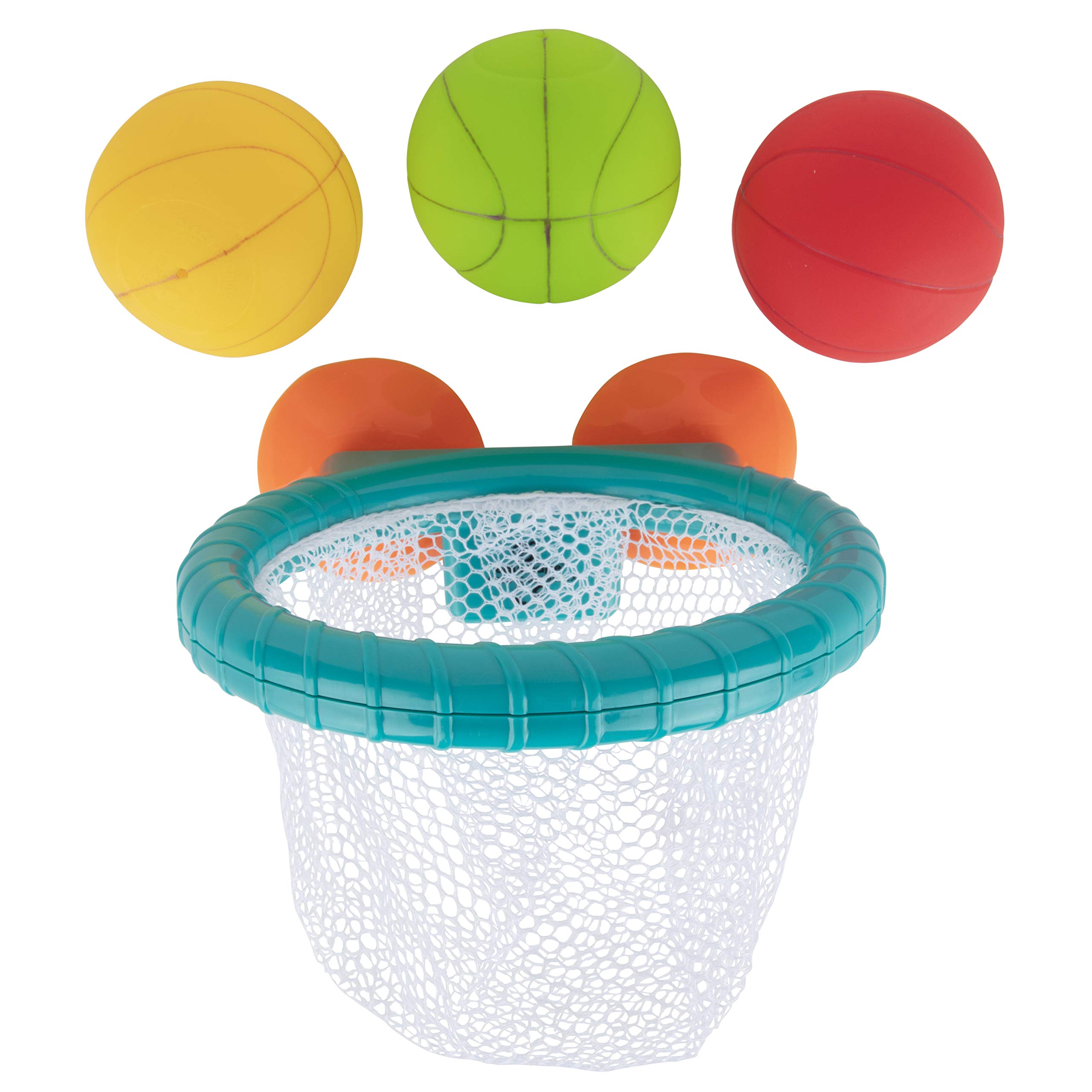Edushape Bath Toy Basketball Hoop & Balls Kids Set - 3 Colorful Balls and Mesh Net That Catches The Balls, Bathroom Bathtub Shooting Game with Strong Suction Cup