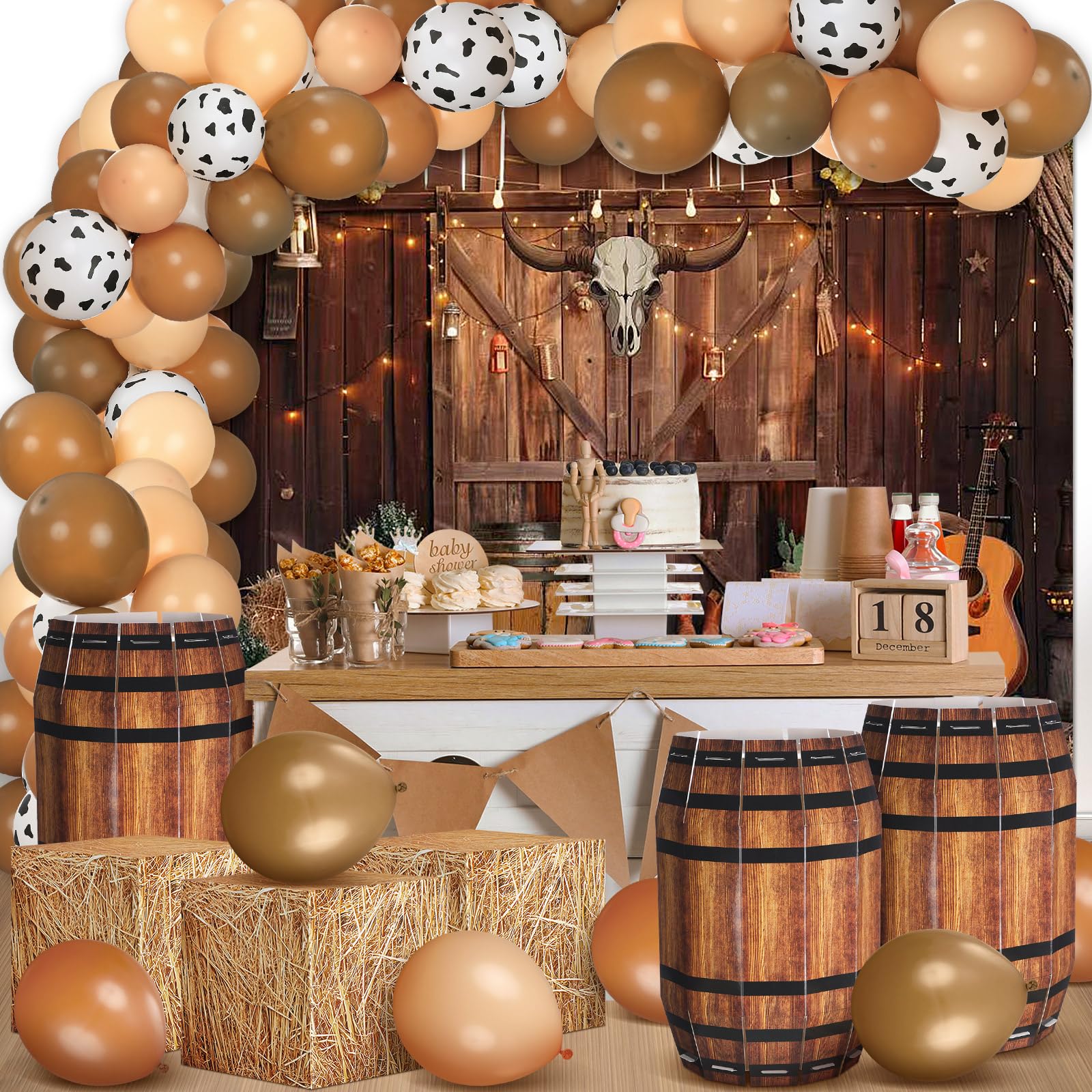 Threan 72pcs Bale Scatole Decorazione Western Cowboy Party Tridimensionale Barile di Legno Palloncino Western Cowboy Sfondo Grande Partito Sfondo Tema Festa di Compleanno Fotografia Puntelli
