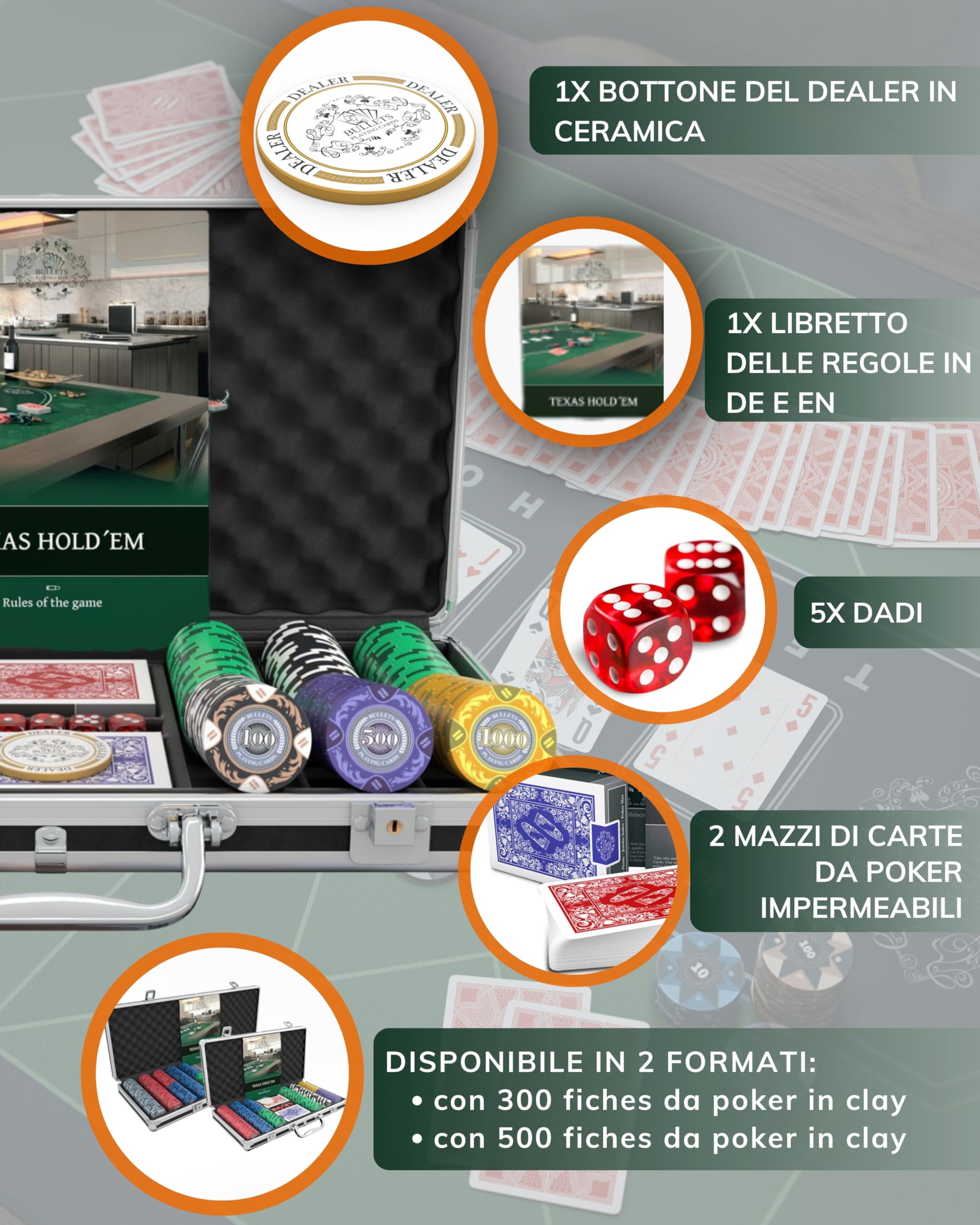 Bullets Playing Cards, Designer Poker Case Tony Deluxe Poker Set con 300 fiches di Clay Poker, Guida al Poker, Pulsante del Dealer e Carte da Poker in plastica con proiettili