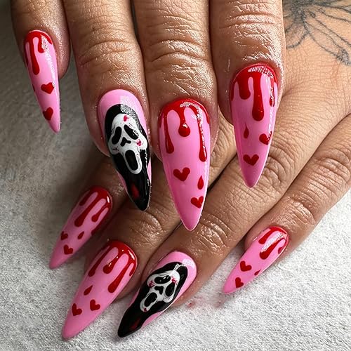24Pcs Halloween Press on Nails Medium Stiletto Horror Fake Nails with Bloody Ghost Designs Pink Halloween Stick on Nail Acrylic False Nail Artificial Full Cover Glue on Nails for Women Manicure
