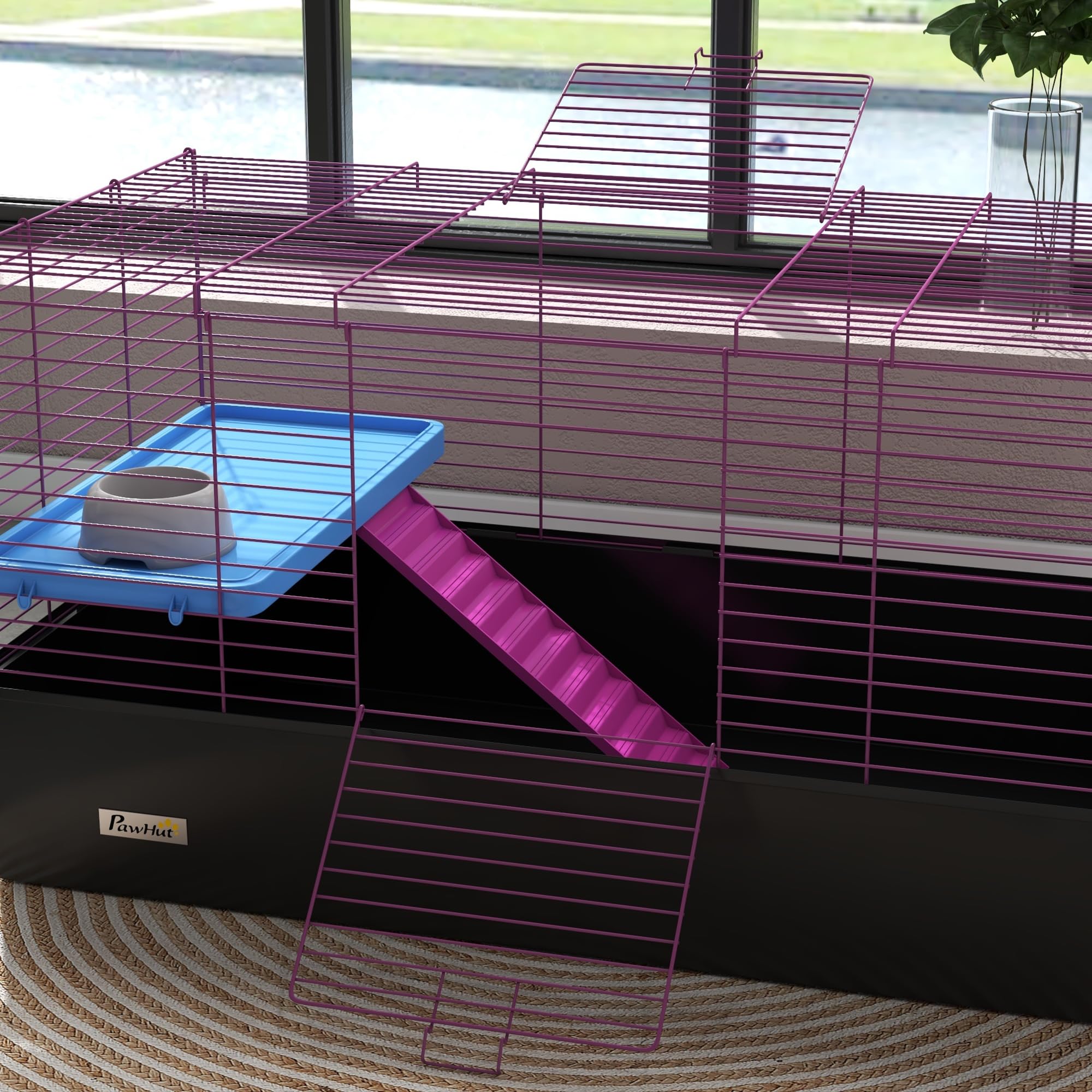 PawHut Jaula para Conejillos de Indias para Chinchillas, Jaula para Animales pequeños con rampa, Plato, Botella de Agua, 99 x 52 x 53 cm, Color Negro | Jaula para animales pequeños, plato, botella de agua