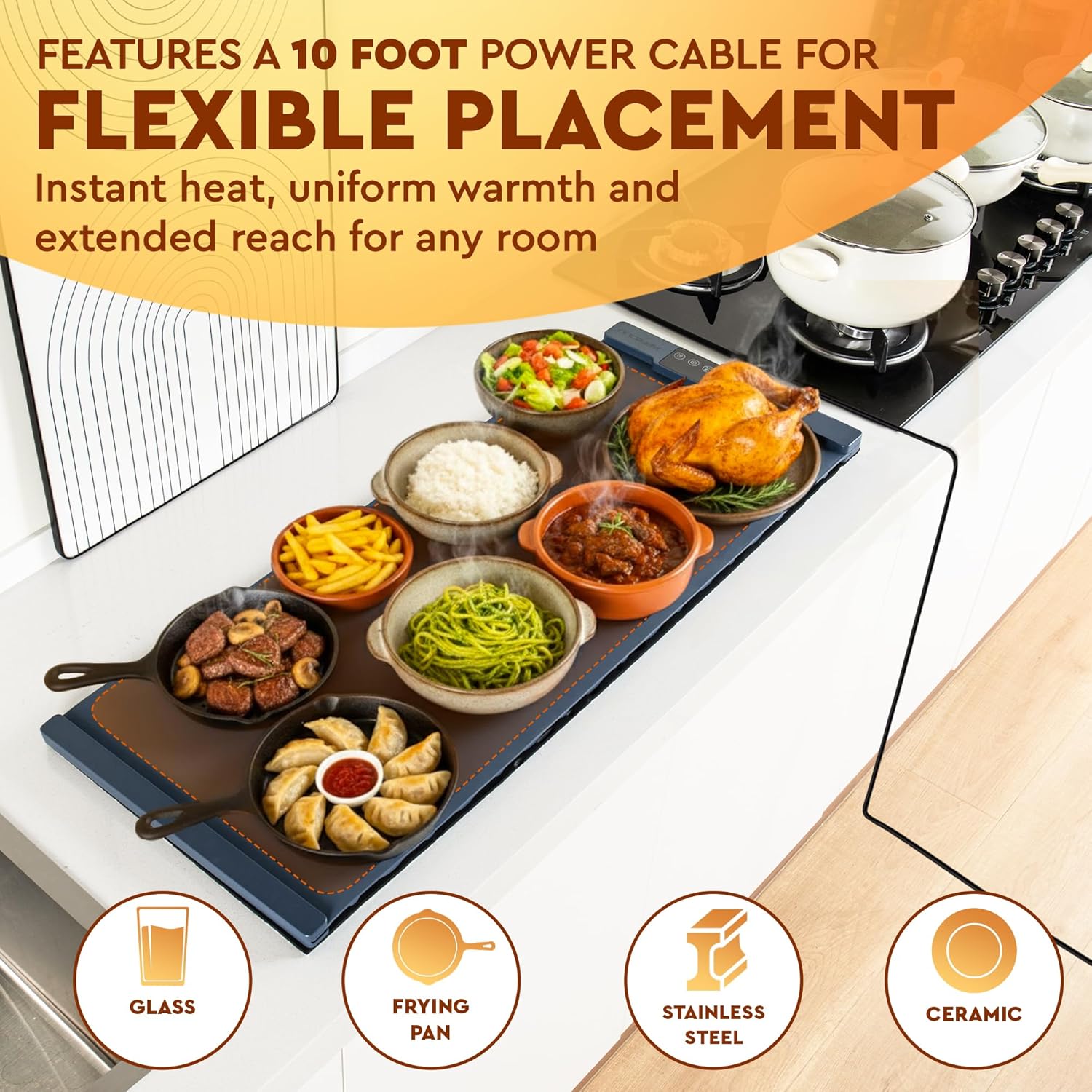 XL Warming Mat for Food 35x15 – Electric Food Warming Tray with 8 Temp Settings | Keep Food Warm for Hours | Fast Heating Heated Food Mat, Plate Warmer, Buffet Server | Countertop Food Warmer