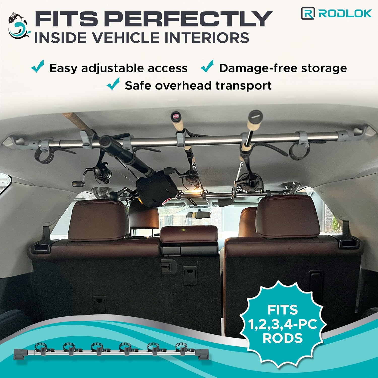 2 Pc Fishing Rod Holder for Car- Fishing Pole Rack - SUV Truck Fly Rod Holder - Holders for Garage Organization & Storage Rack Wall Organizer for Mops, Brooms, Shovel- Car Clothes Hanger bar