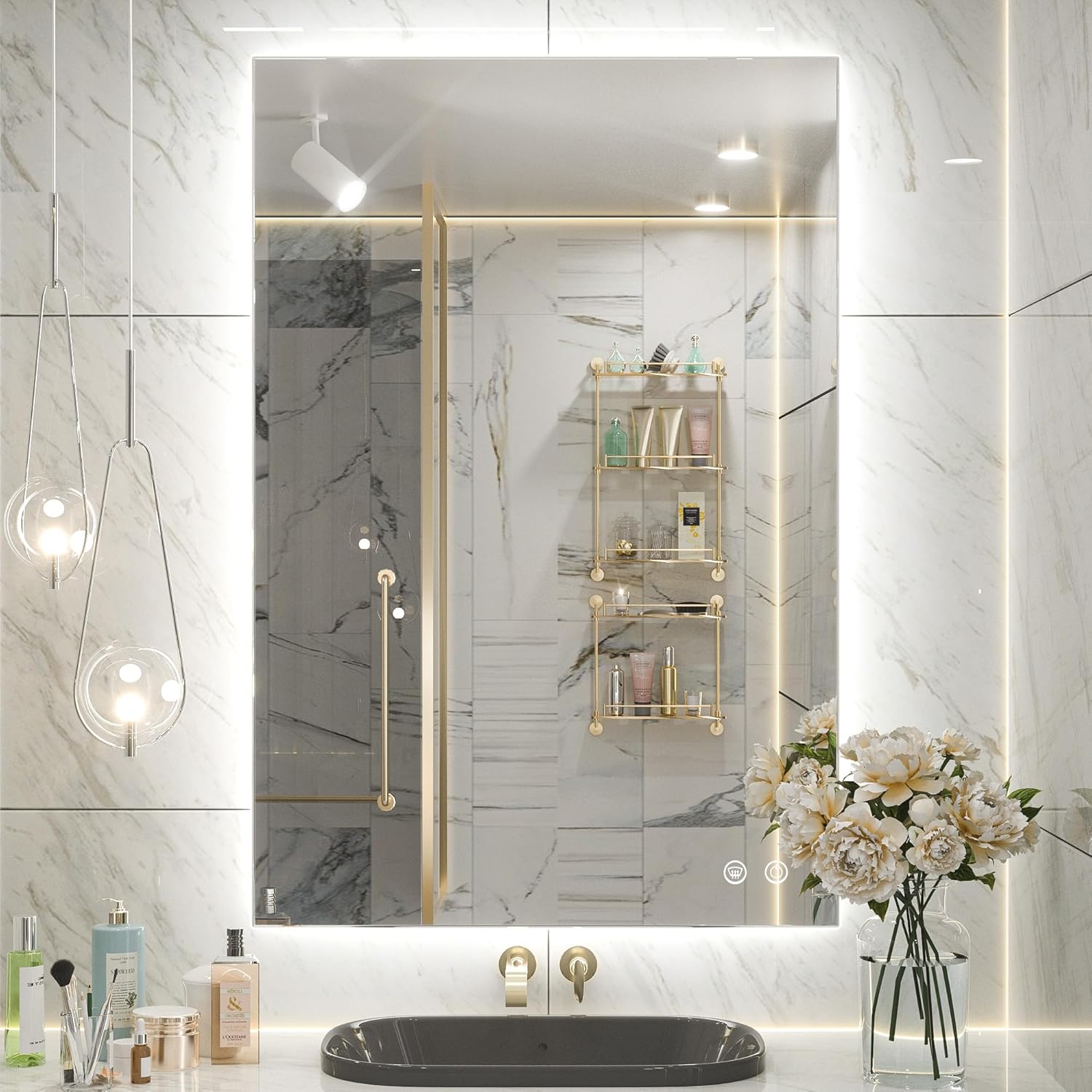 Keonjinn 24 x 36 Inch Backlit Mirror for Bathroom, Anti-Fog Led Mirror, CRI90+ HD Tempered Glass, Stepless Dimmable Lighted Mirror, High Lumen, UL Listed, Waterproof, Horizontal/Vertical 36"L x 24"W