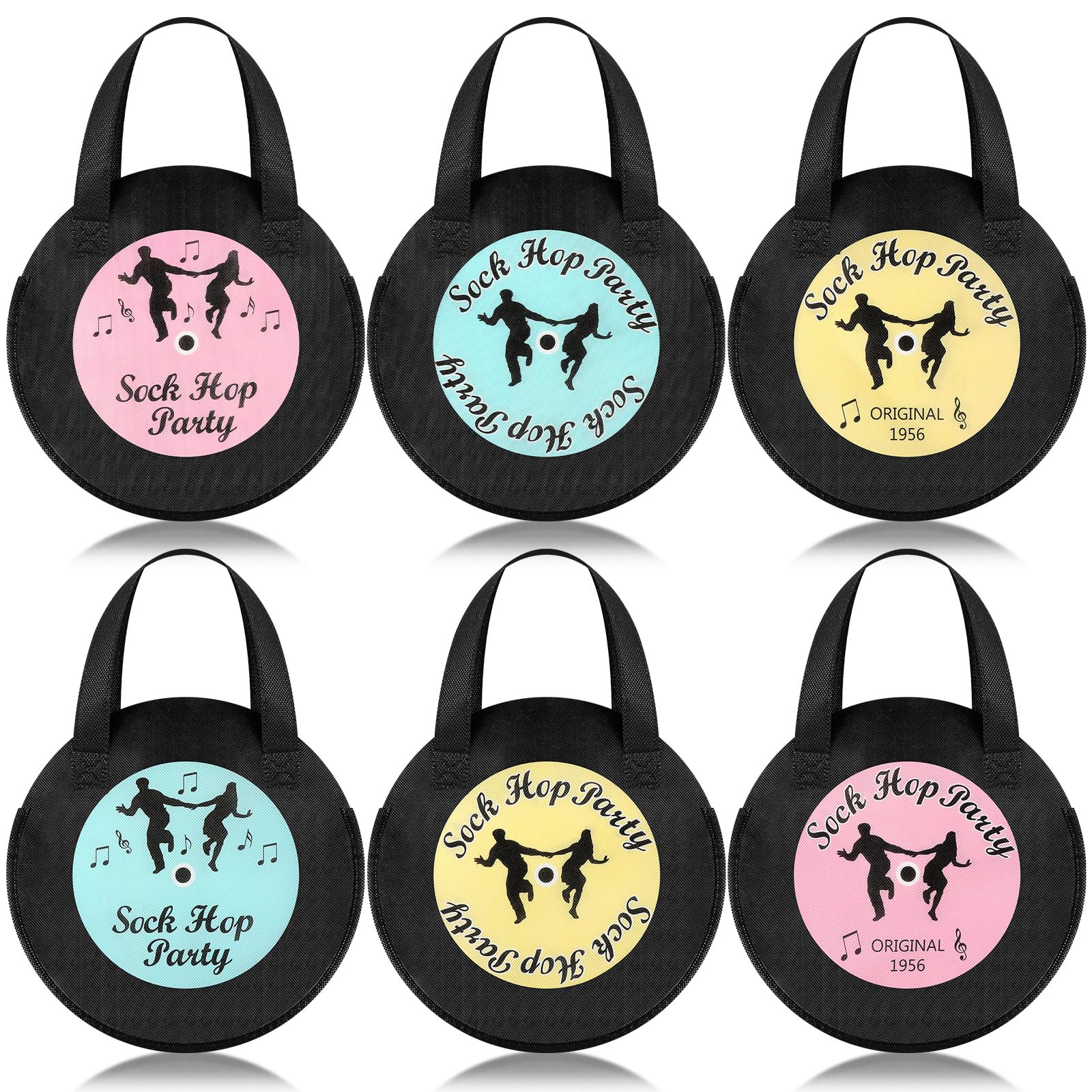 Fanfanwin 36 Pcs Sock Hop Party Favors Bags 50s Music Record Non Woven Tote Bags for 1950s 60s 70s 80s Music Birthday Party Supplies Decorations