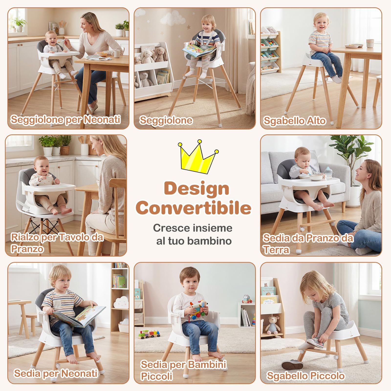 COSTWAY Seggiolone Pappa per Neonati, Seggiolone Evolutivo Convertibile con Vassoio Regolabile, Cuscino Rimovibile, Cintura di Sicurezza a 5 Punti, in Legno con per Bambini 6-36 Mesi
