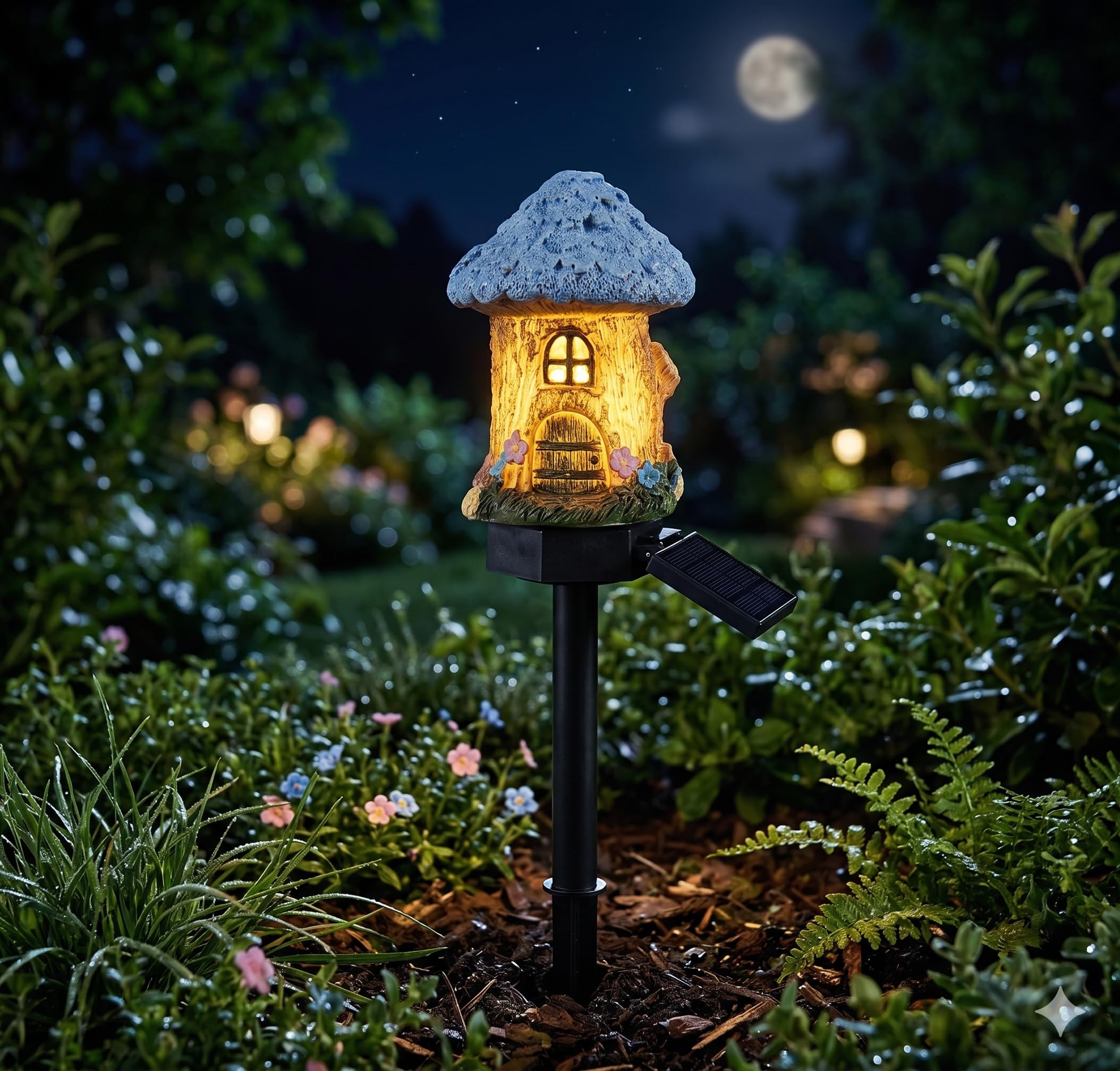 Solar Fairy-Tale Mushroom Cottage Garden Light,Auto Solar Power Mushroom Whimsical Resin Fairy House Stake,Water-Resistant Resin LED Decor with Auto On at Dusk for Flower Beds,Patio and Yard