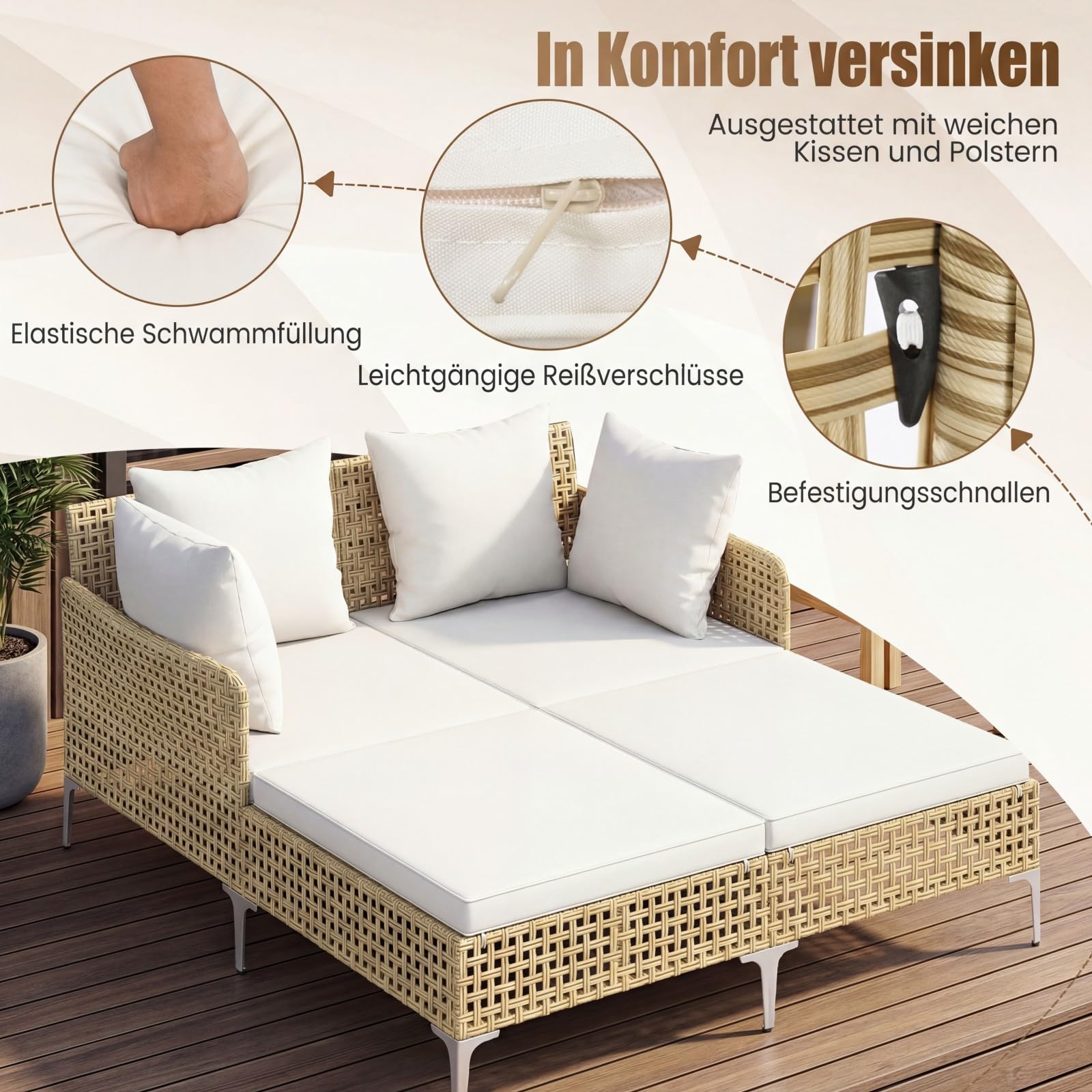COSTWAY Sonnenliege 2 Personen, Rattan Doppelliege mit Sitz- & Rückenkissen, Gartenliege wetterfest, Liegestuhl, Sonnenbett, Outdoor Liege für Garten, Terrasse, Balkon