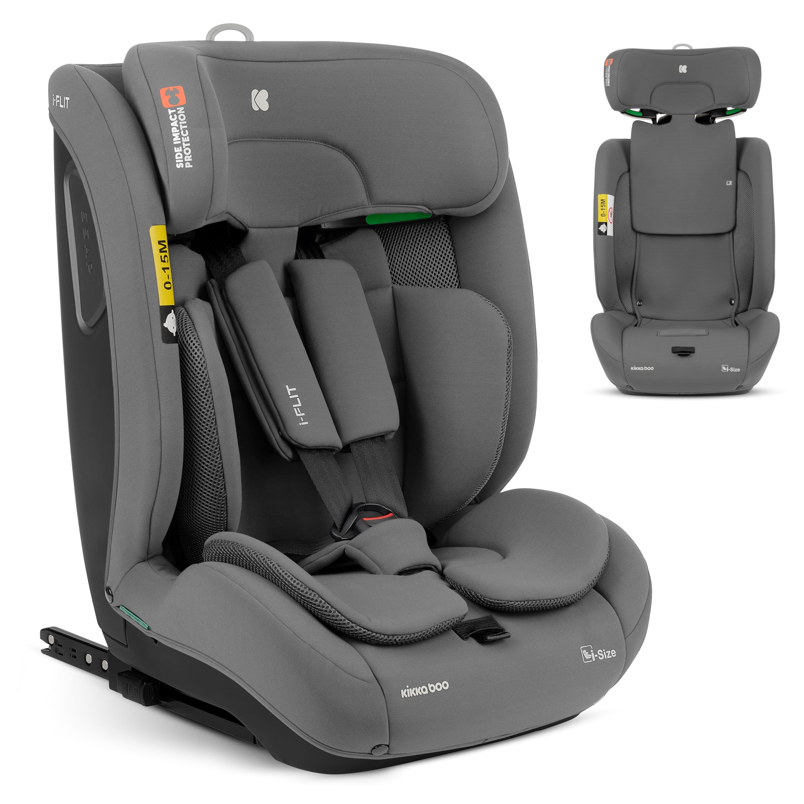 KikkaBoo i-Size i-FLIT, Seggiolino Auto 9-36 kg ISOFIX – Gruppo 1/2/3, Reclinabile, da 15 mesi a 12 anni, Protezione SPS, Top Tether, Poggiatesta Regolabile, Grigio chiaro
