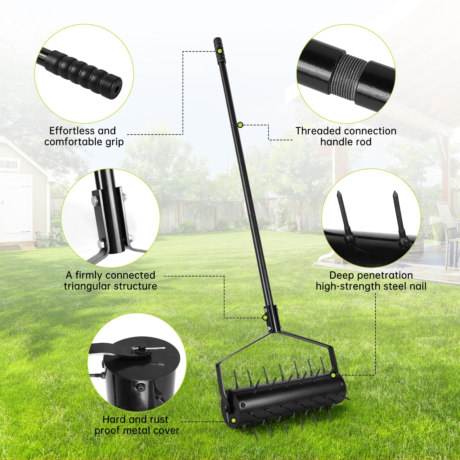 Rodillo Aerificador Manual para Césped 44 x 141 cm – Escarificador Manual con 39 Púas (5,8 cm) y Mango – Rodillo Airificador – Descompactador para Jardín, Patio, Terraza