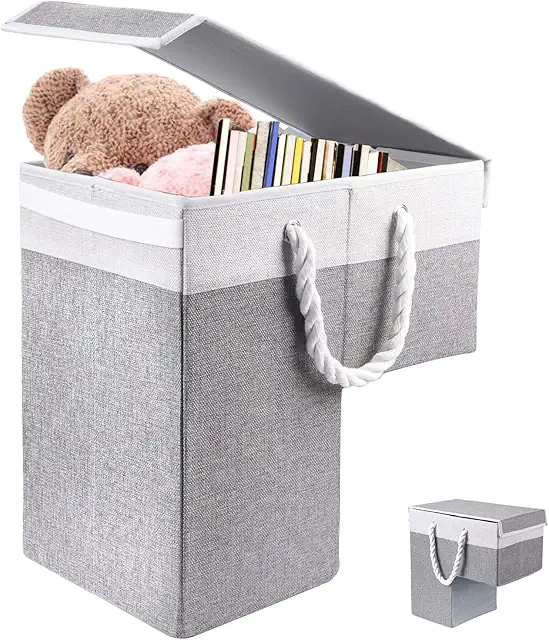 Cesta plegable de lino para escaleras, organizadora antideslizante con tapa y asa