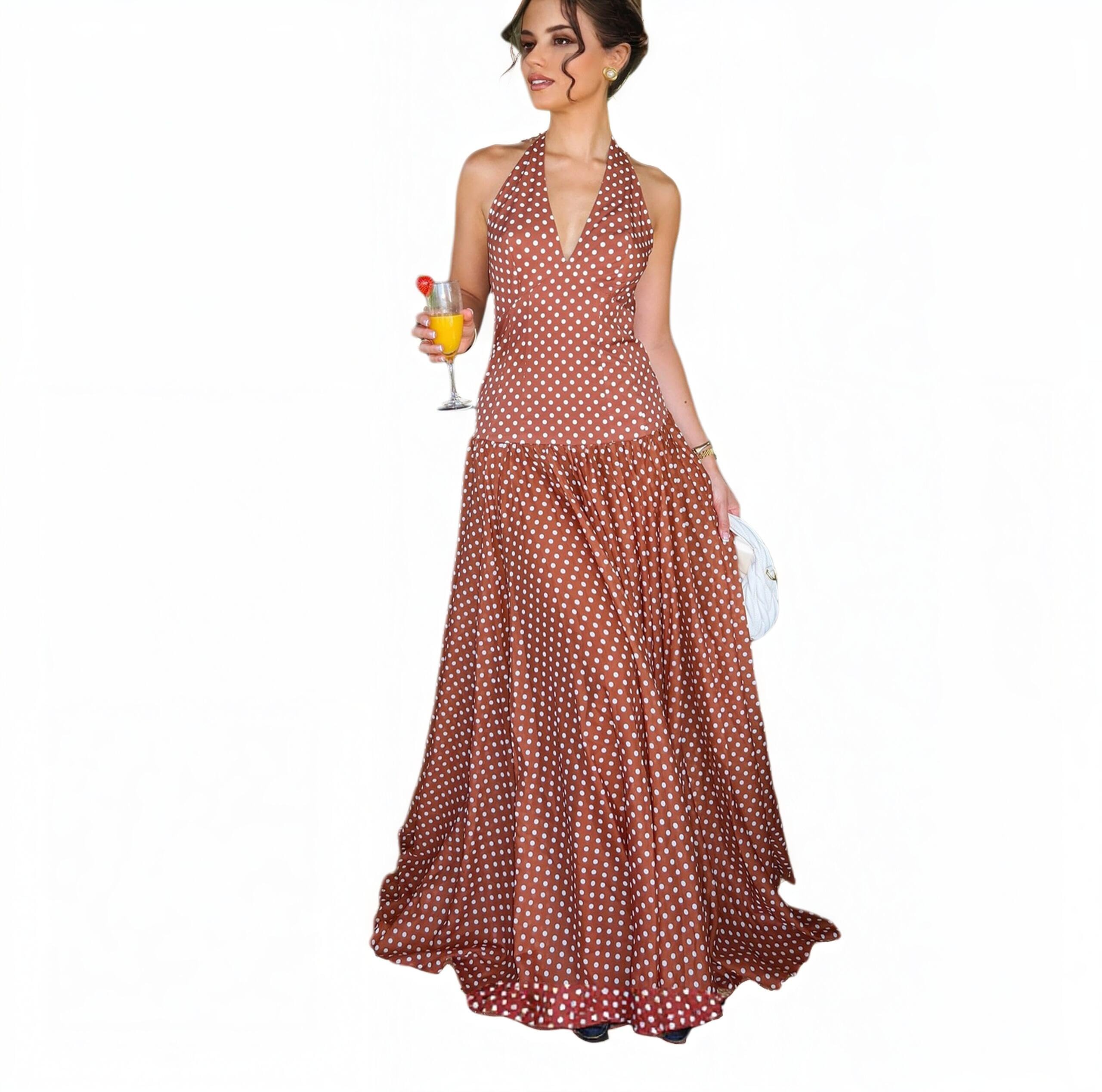 Women’s Elegant Frankie Polka Dot Maxi Dress Summer Vintage Halter Neck Flowy Wedding Guest Brunch Beach Dress
