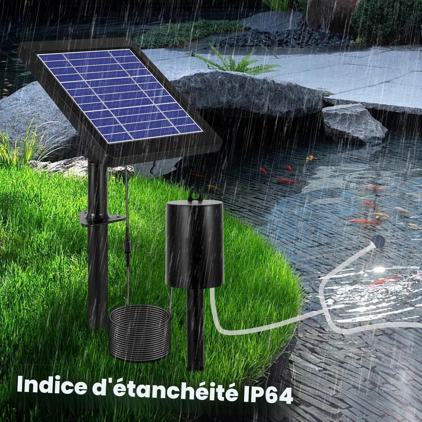 Aérateur de bassin solaire avec 2 pierres à bulles d'air, kit de pompe à air étanche IP64, pompe à oxygène solaire multifonctionnelle portable, 3 modes d'oxygène, 35 dB silencieux, pour jardin