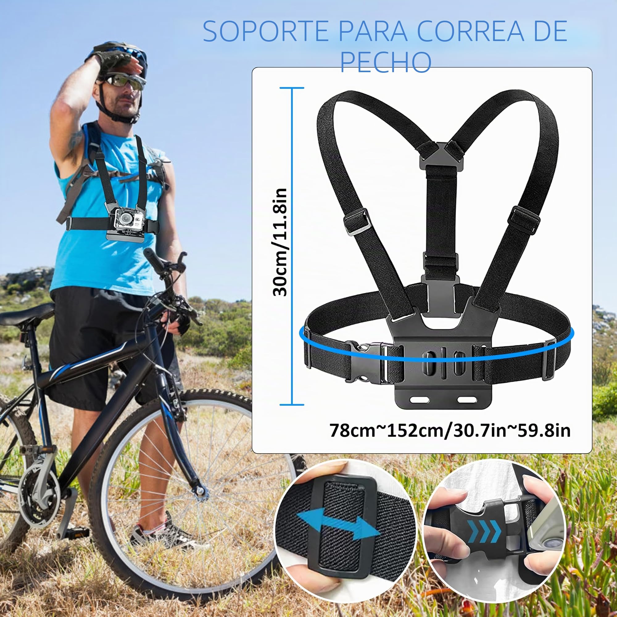 Accesorios de Cámara de Acción Kit 9-en-1, Arnés de Pecho + Arnés Banda Cabeza, compatibles con Gopro Hero 10/9/8/7/6/5/4 Insta360 dji SJCAM AKASO y Otras Soporte cámaras de acción
