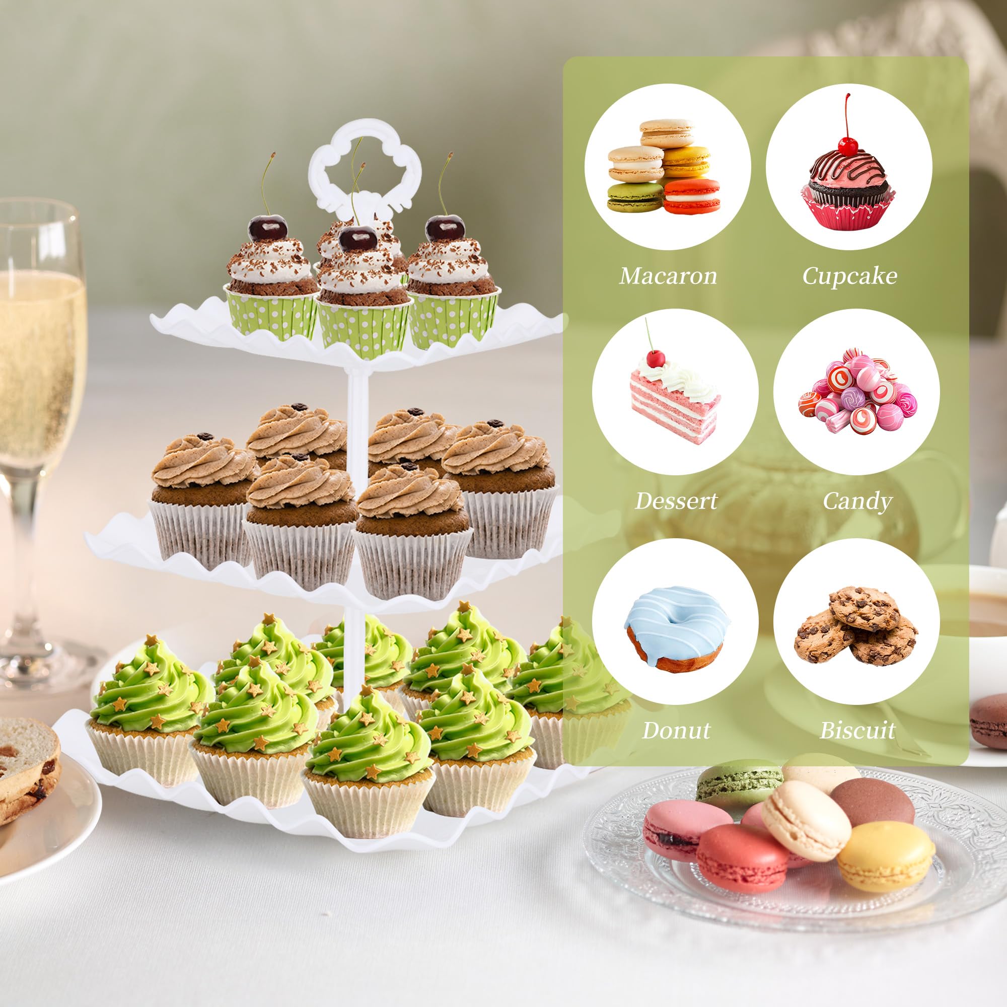 Juego de mesa de postre de 6 piezas, 2 soportes para magdalenas/torre de nivel para tartas y 4 bandejas de servir para fiestas de té, cumpleaños, baby shower (cuadrado blanco puro)