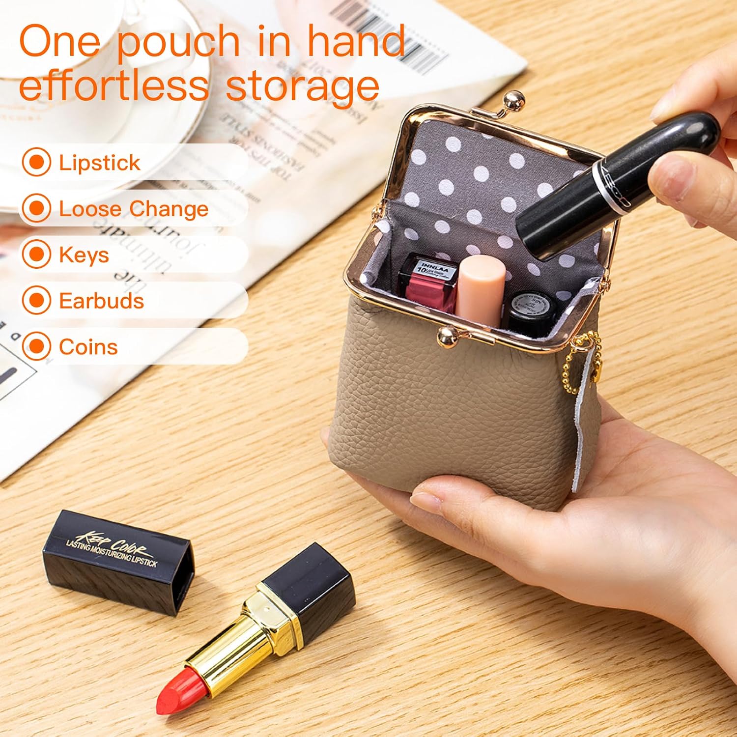 Genuine Leather Vintage Lipstick Coin Purse with Kiss-Lock Closure, mini travel jeweley box, Compact Travel Jewelry Organizer for Earrings, Rings, Keys, Coins (Black) image 3