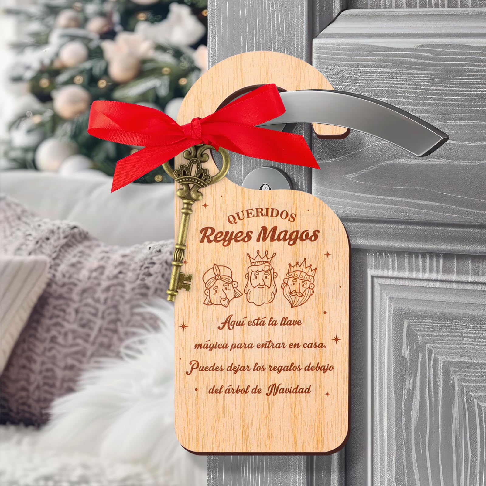 GEBETTER Decoración Puerta Día Reyes Magos Navidad Español, 1* Llave Mágica Vintage + 1* Tabla Madera + 1* Cinta Roja, Set Adorno Colgante Navideño Pomo Manija, Regalo Infantil Niños (Los Reyes Magos)
