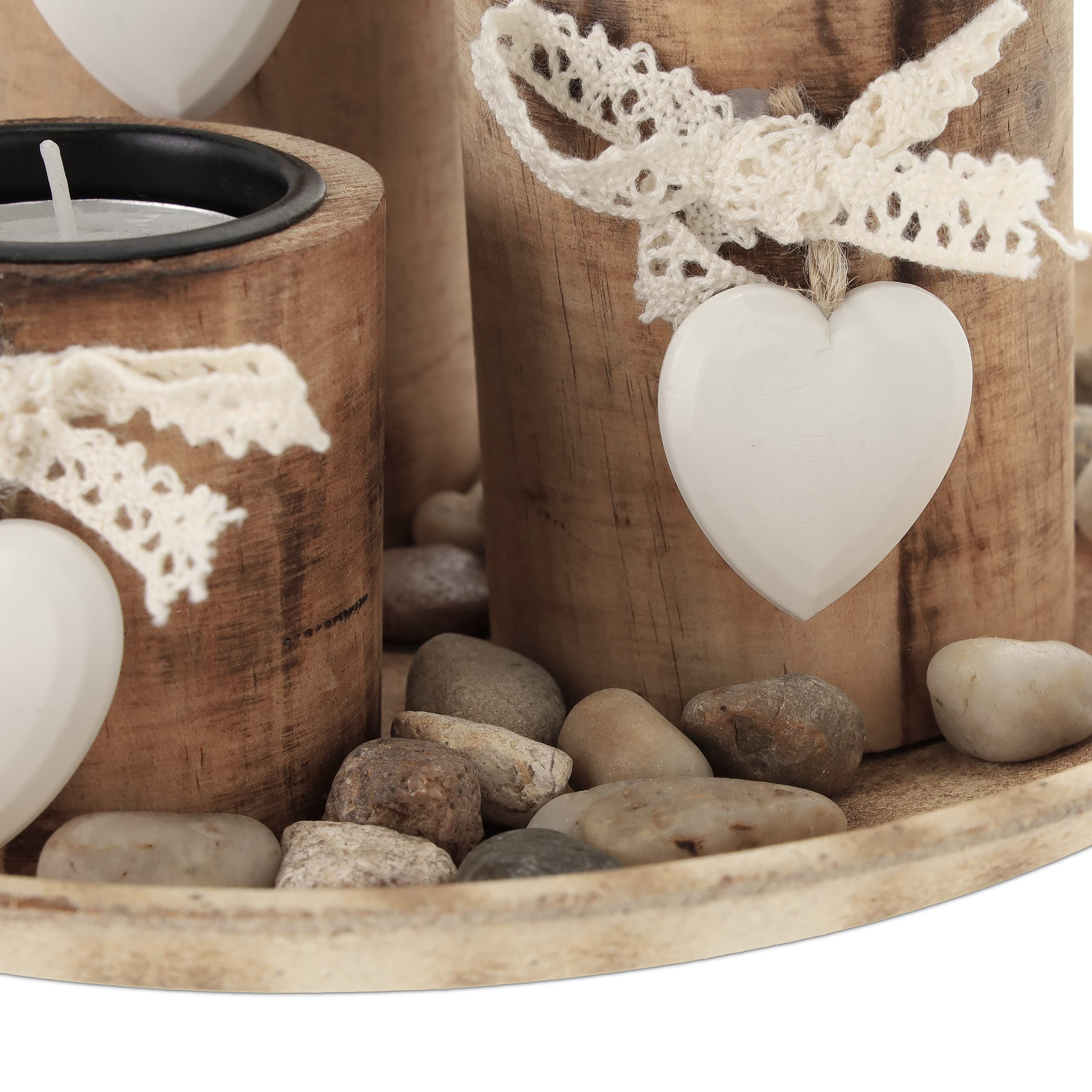 Relaxdays Portacandele, Vassoio e Vasetti, Centrotavola Rotondo, 3 Candeline, Legno di Pino, Cuori, D 21,5 cm, Naturale