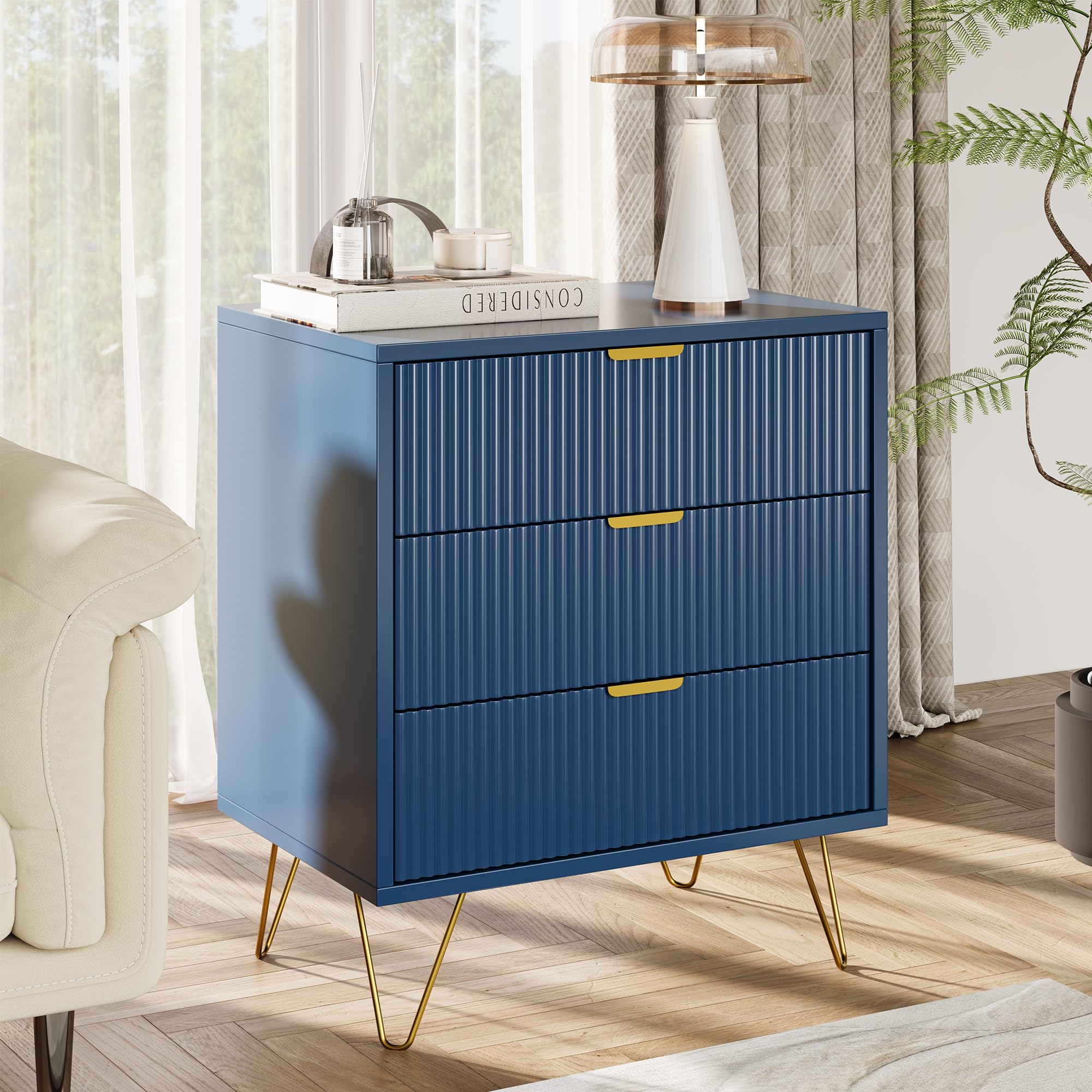 Comodino Moderno, Comò con 3 Cassetti, Tavolino da Salotto, Cassettiera per Camera da Letto, Soggiorno, Gambe in Metallo, Blu Scuro, 60 x 40 x 70 cm
