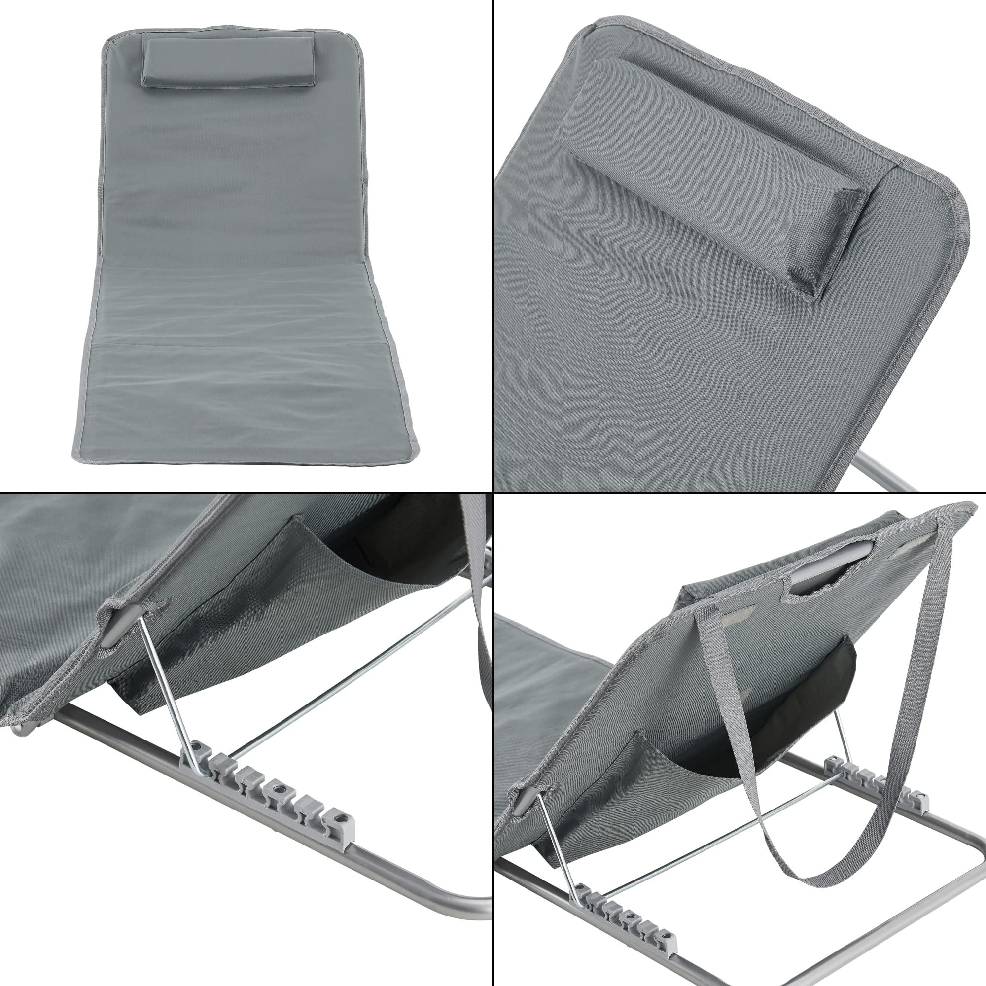 [en.casa] Strandmatte Cellorigo 2er Set Strandliege klappbar Dunkelgrau Sonnenmatte mit 5-Fach Verstellbarer Rückenlehne Kissen Liegematte mit Tragetasche 160 x 49 cm